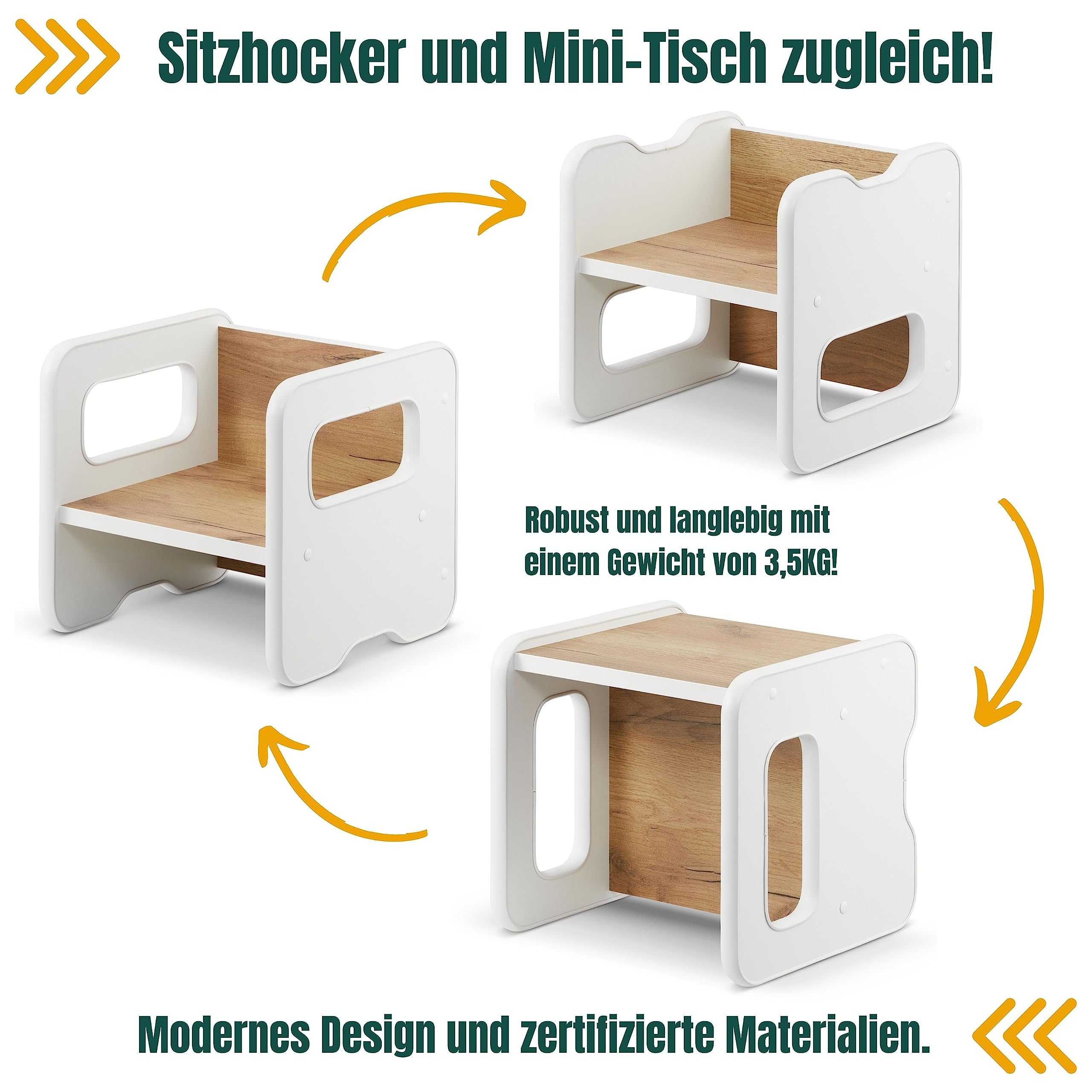 defiPad Sitzhocker für Kinder | Stylisch Wendehocker | Kindersessel ab 1 Jahr | Babystuhl Hocker Holz | Der Stuhl kann in einen Tisch verwandelt Werden | Montessori Kinderzimmer |