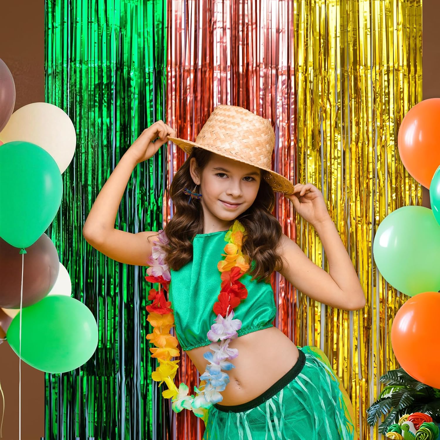 Hawaiian Luau Foil Fringe Curtains, Tropical Party Backdrop, 4 Pack | Hawaiian Luau Party Decorations, Tiki Party Photo Booth Props, Aloha Themed Photo Backdrop, Tropical Party Decorations