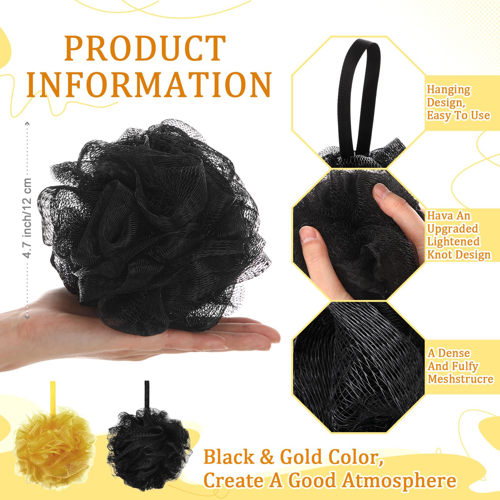 FuWeave 12 esponjas de lufa de baño, exfoliante corporal, esponja de ducha de 50 g, juego de regalo para mujeres y hombres, accesorios de baño (dorado y negro)