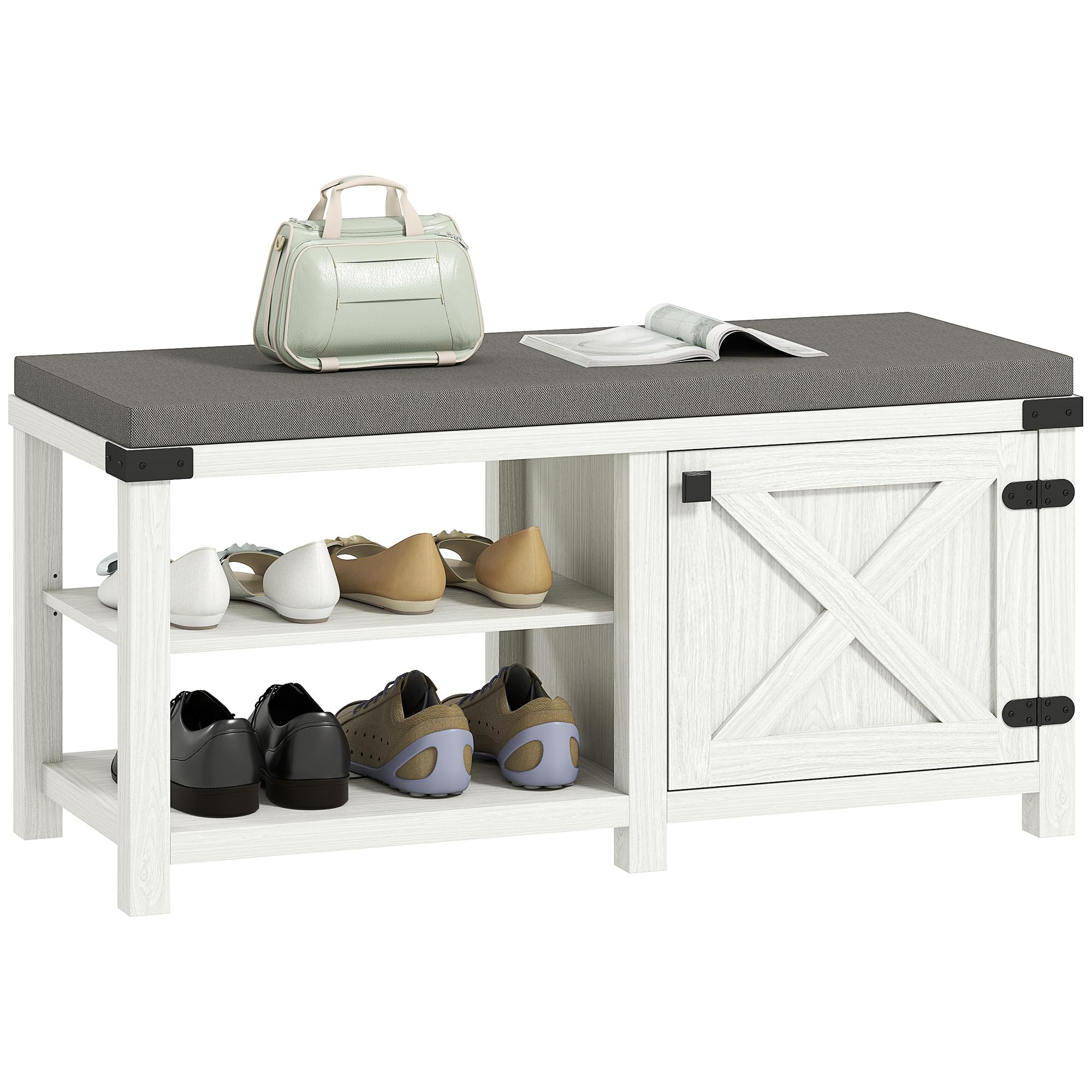 HOMCOM Banco Zapatero Rústico con Asiento Organizador de Zapatos con Compartimentos para 7 Pares Cojín para Entrada Salón Dormitorio 100x40x48 cm Blanco Grisáceo y Gris