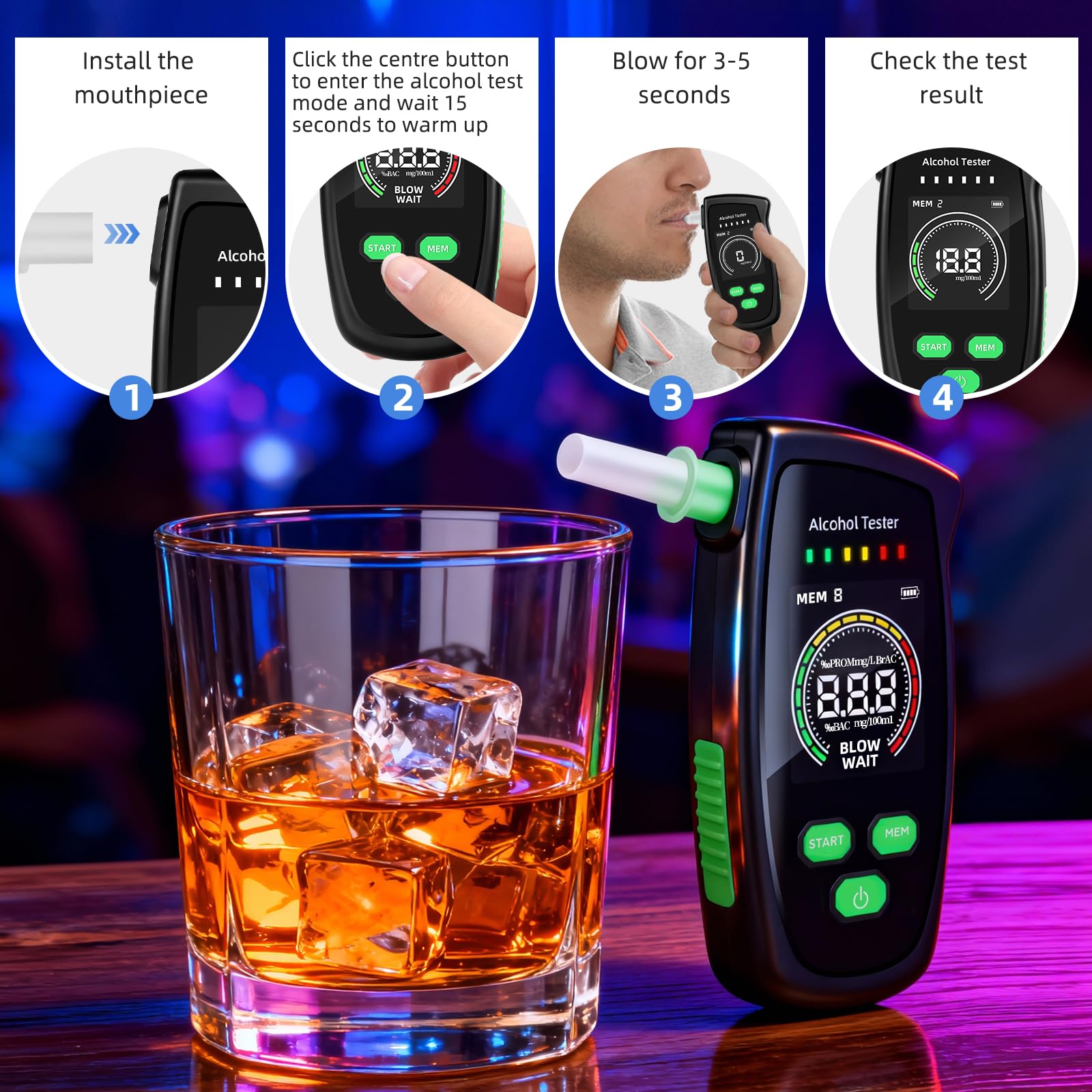 Ethylotest Electronique - Etiloteste Electronique avec 5 Embouchures, Alcotest Numerique, ethylometre mesures de Haute précision