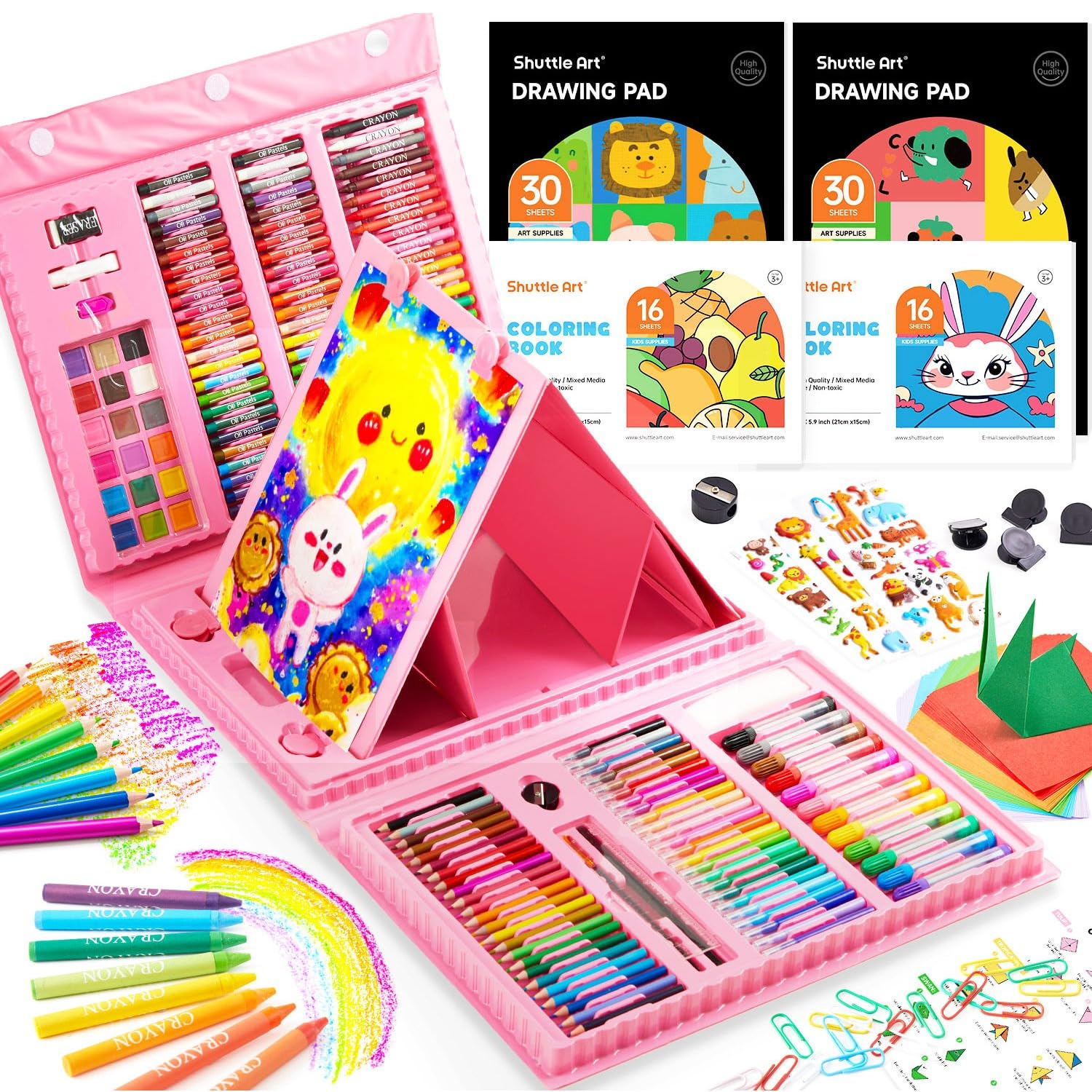 335 Piece Kids Art Set, Multi-Media Art Supplies, Gift Art Kit with Trifold Easel, 2 Drawing Pads, 2 Coloring Books, Oil Pastels, Crayons, Watercolors, Markers, Colored Pencils (Pink)