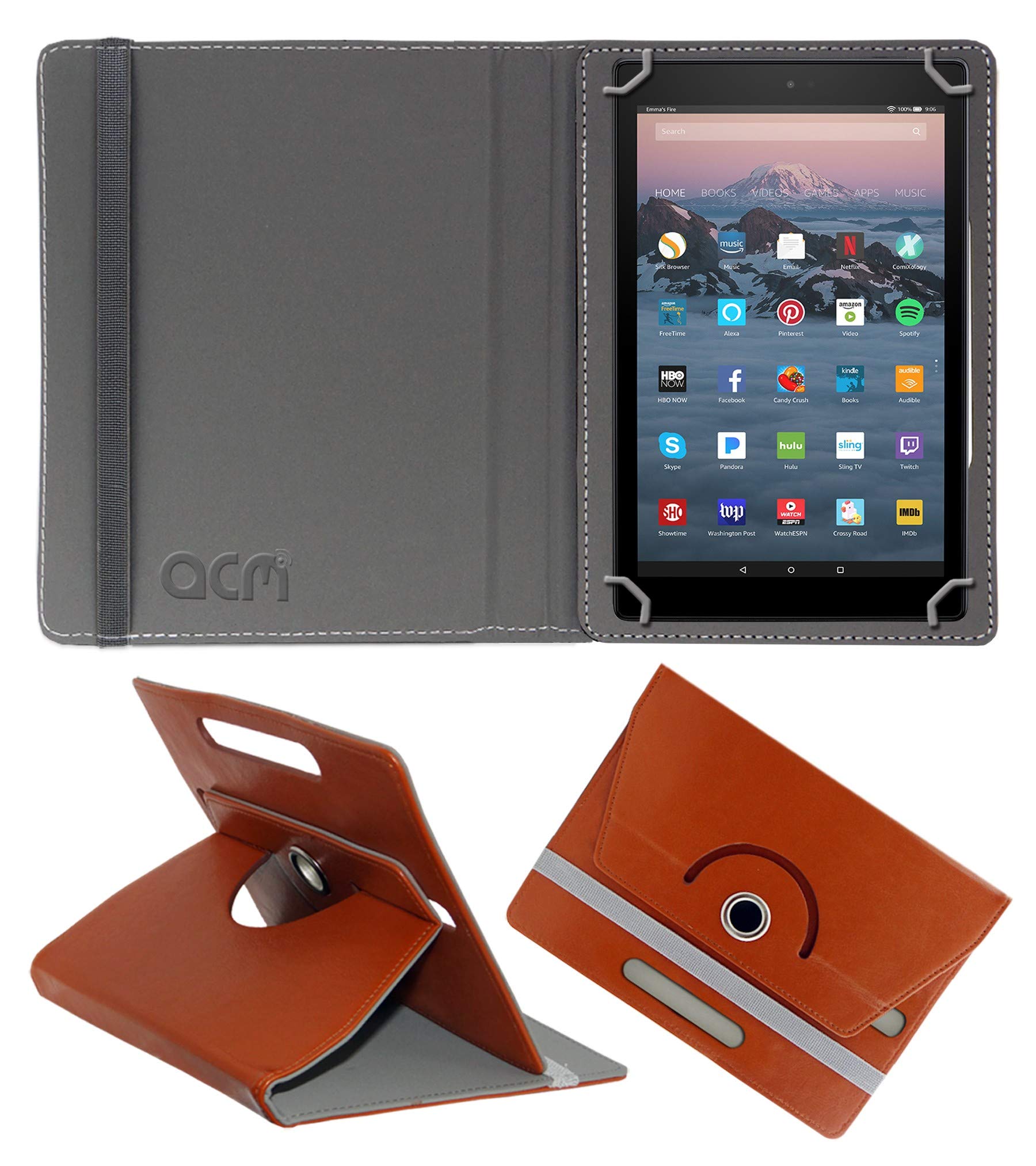 Acm Rotating Leather Flip Case Compatible with Amazon Fire Hd 10 2017 Tablet Cover Stand Brown