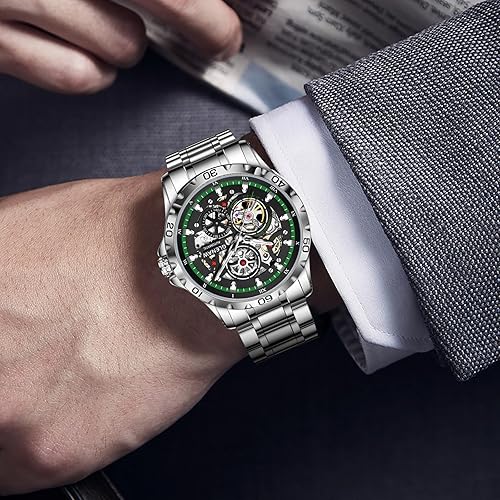 Miniatura 5 de Relojes automáticos para hombre, cuerda automática mecánica, esfera de esqueleto, resistente al agua a 30 ATM, con correa de acero inoxidable, reloj