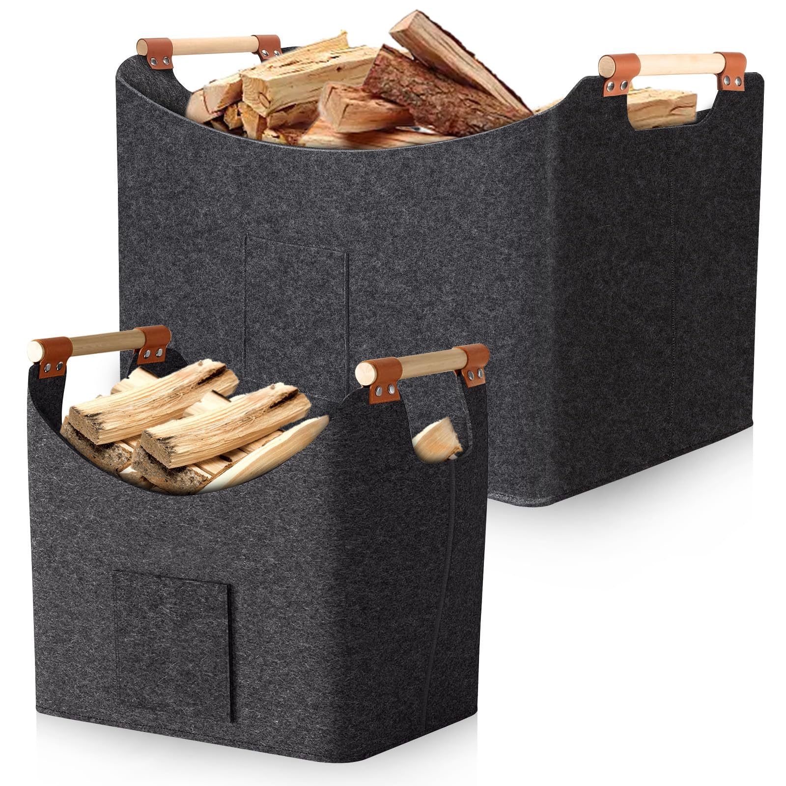 Cesta para Leña 2 Unidades 67L & 96L – Cestas de Fieltro con Asas, 50×32×40 cm & 60×40×40 cm, Bolsa Plegable para Chimenea, Madera, Juguetes o Mantas