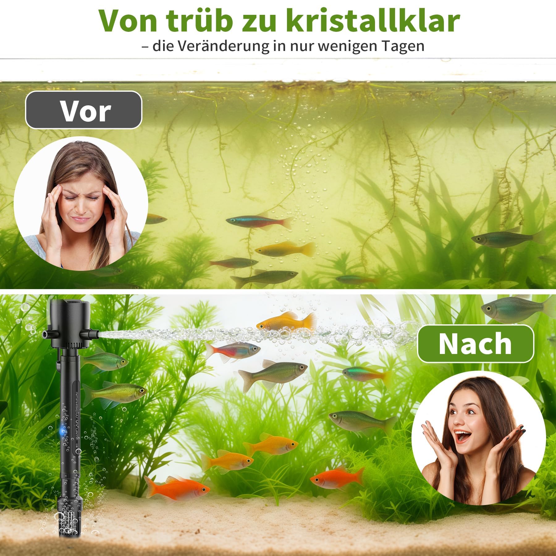 OMECO 5-in-1 Aquarium Innenfilter 800L/H UVC Klärer Aquarium filter für 60L-300L Aquarien mit 6W U-V-Sterilisator und timer,aquarium pumpe mit Belüftung und Regendusche