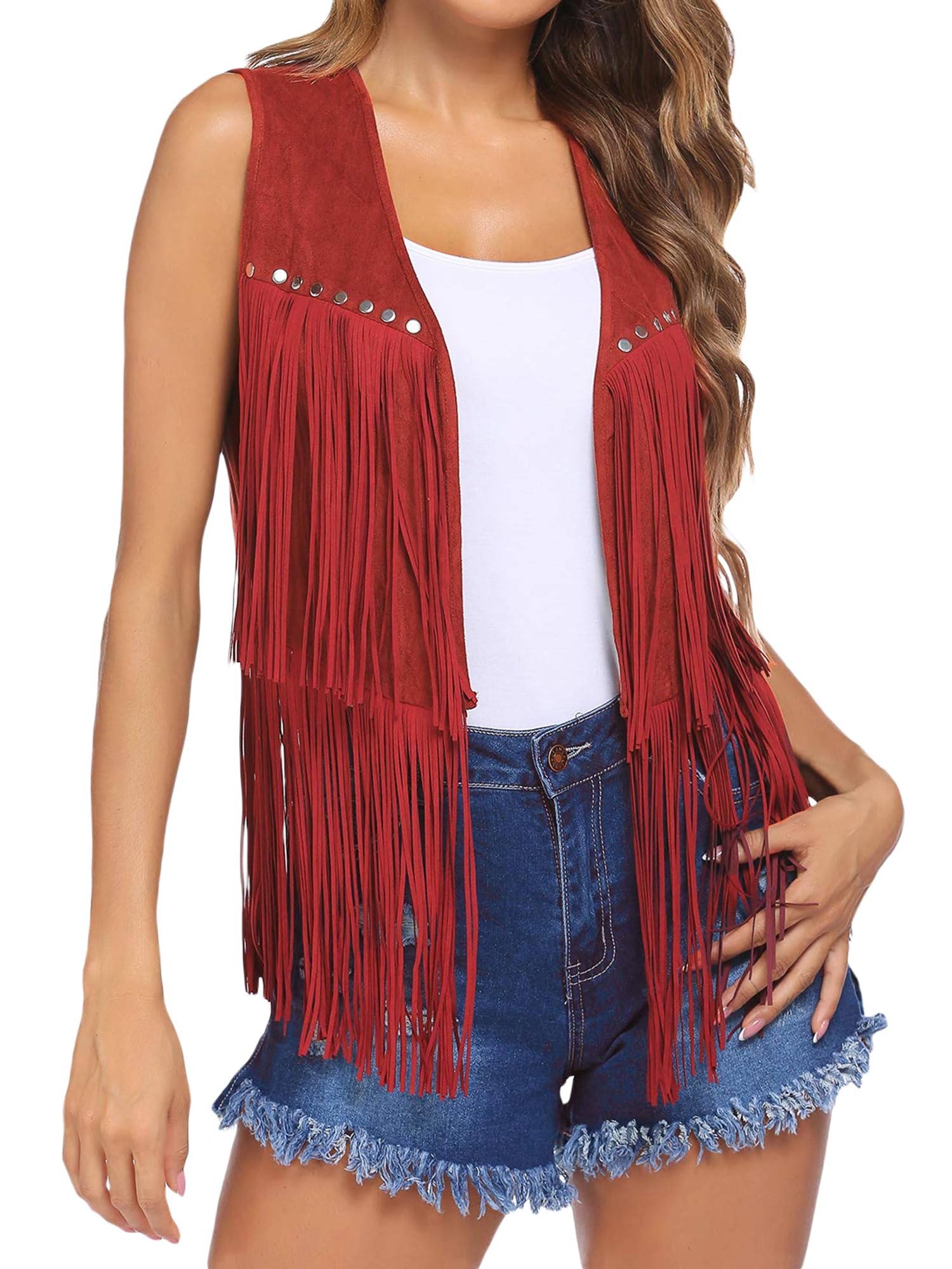 Womens Fringe Vest 70s Hippie Costume Sleeveless Cowgirl Western Jacket Faux Suede Tassel Outerwear Cardigan Outfit