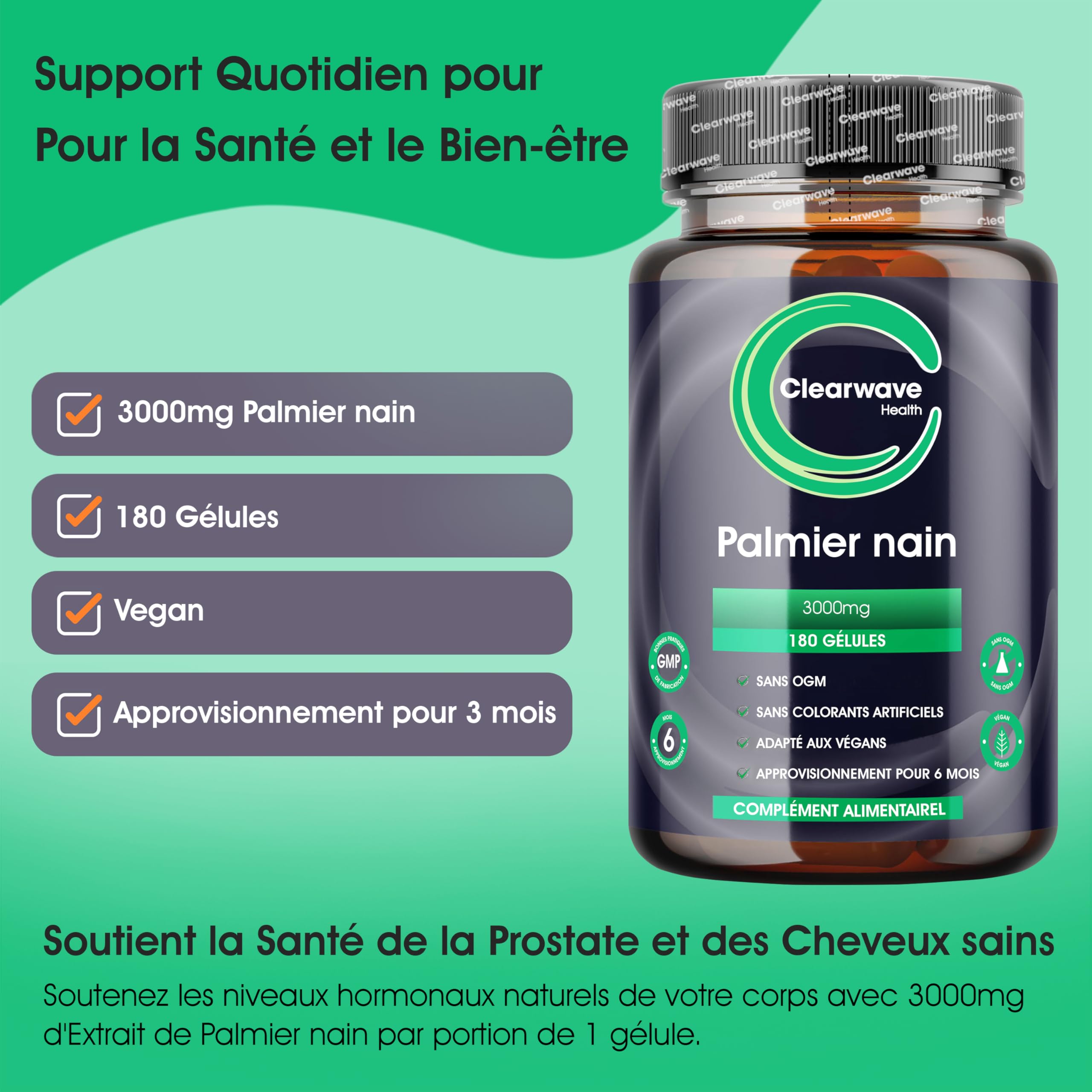 Extrait de palmier nain - dose quotidienne équivalente de 3000 mg utilisant un extrait 15:1. 180 capsules végétaliennes - Extrait de palmier nain à haute dose - 6 mois d'approvisionnement.