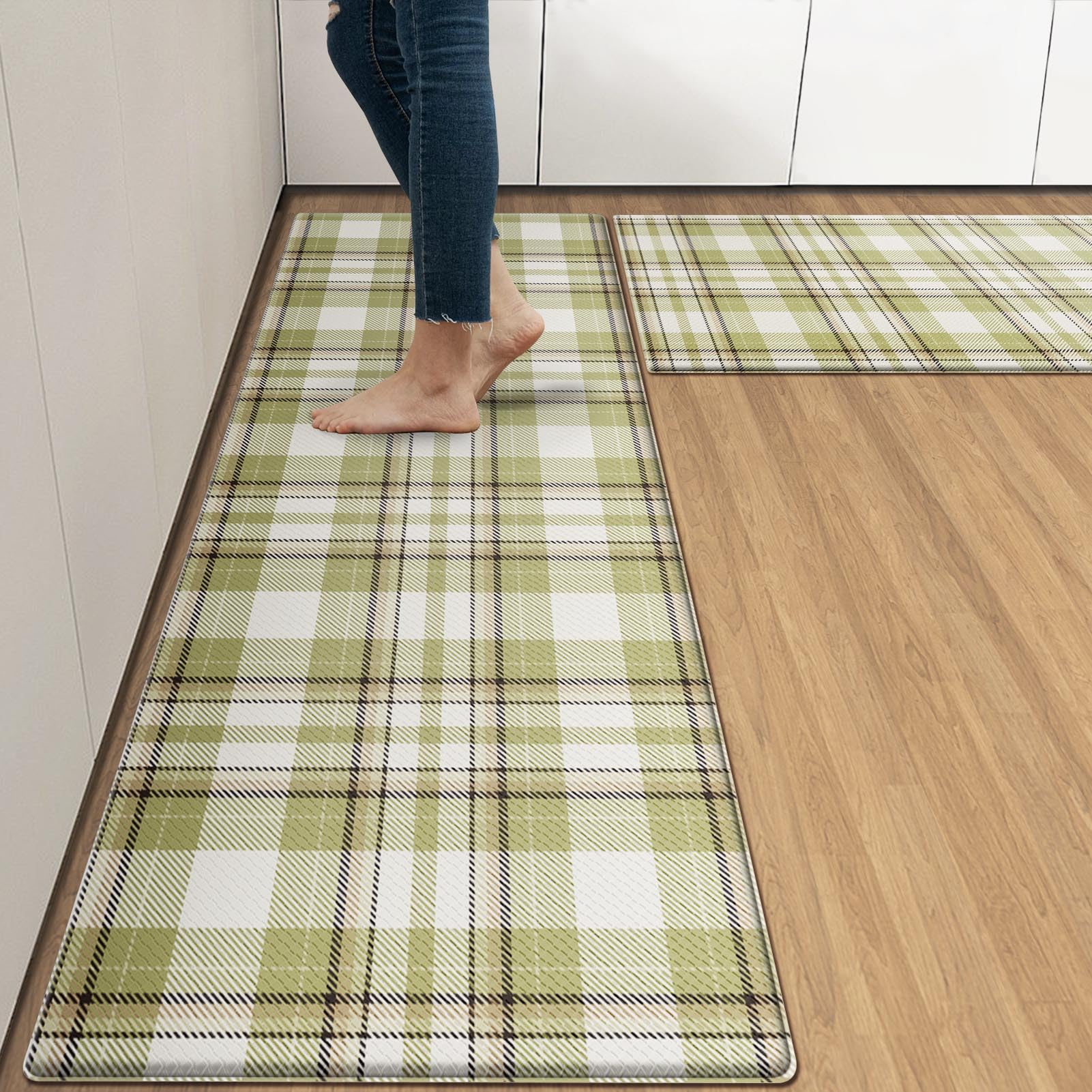 Arttown Anti-Fatigue Kitchen Rug Set of 2, Waterproof Non-Slip, Green Plaid — image 1