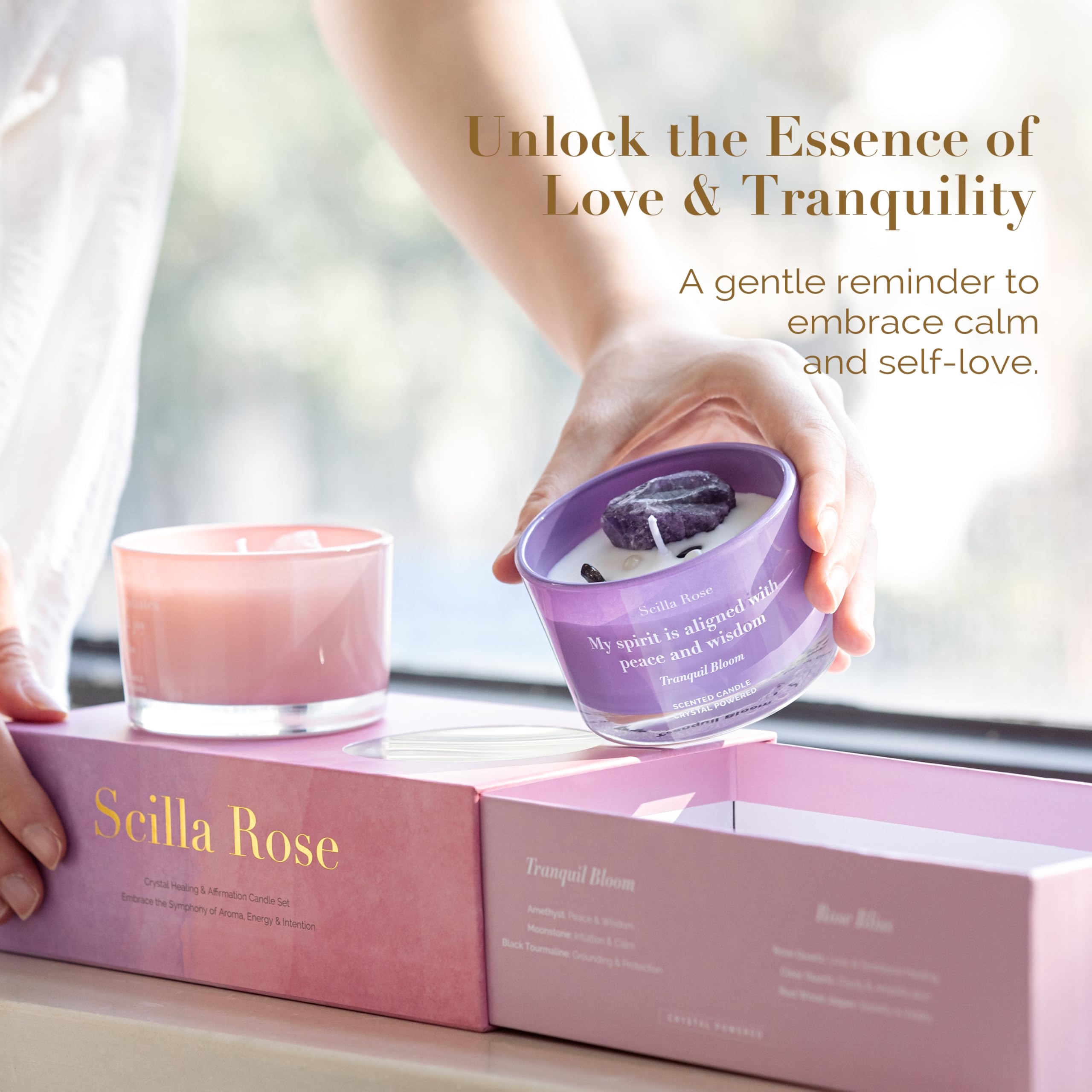 Scilla Rose Juego de velas de cristal de lujo, velas de cera de soja perfumadas de cuarzo rosa y amatista, cuidado personal de aromaterapia, sueño de lavanda, alivio del estrés, regalos únicos
