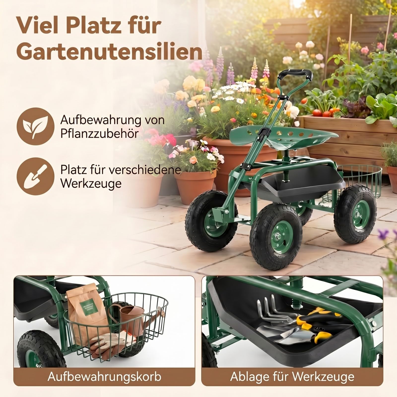 GYMAX Gartenhocker mit Rollen, Gartenwagen mit Verstellbarer Sitzhöhe, ausziehbarem Griff & Aufbewahrungskorb, Rollsitz für Gartenarbeit, Arbeitssitz Gartensitz Grün