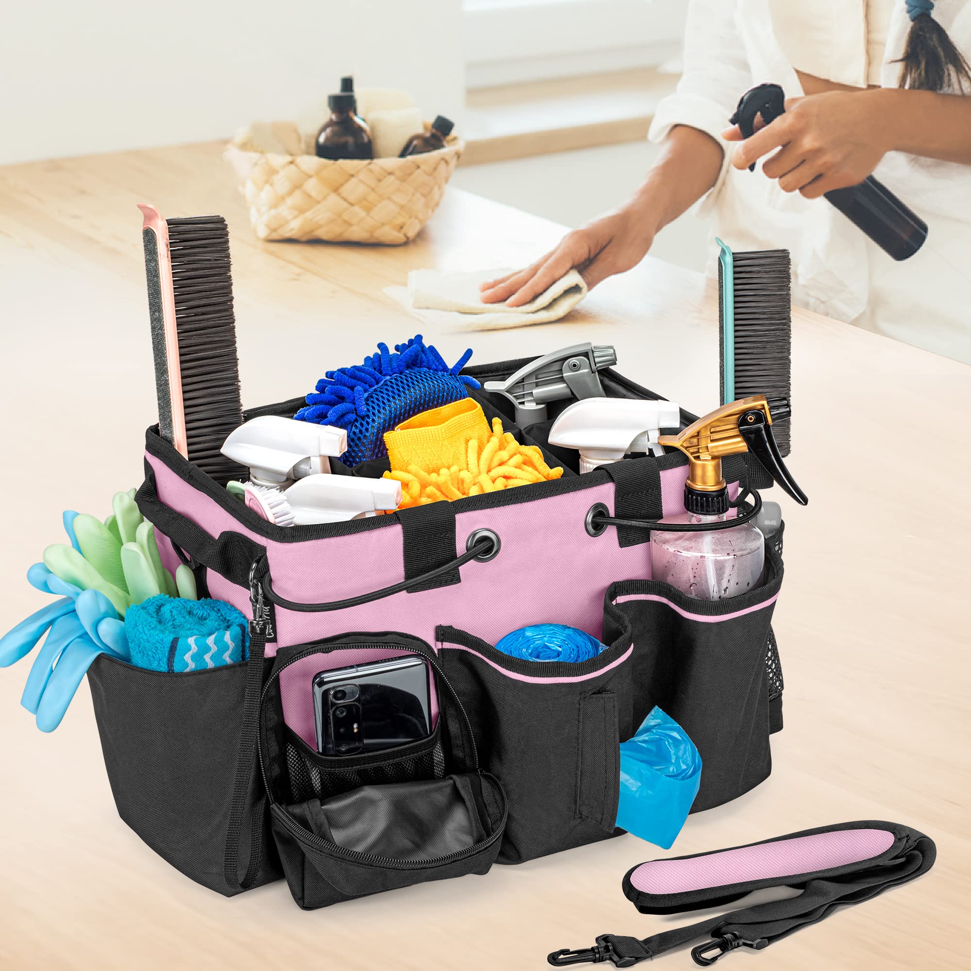 LoDrid Panier de nettoyage avec séparateur amovible, noir et rose | Organiseur de produits de nettoyage avec poignée et bandoulière, sacs de ménage pour femmes de ménage et agents d'entretien