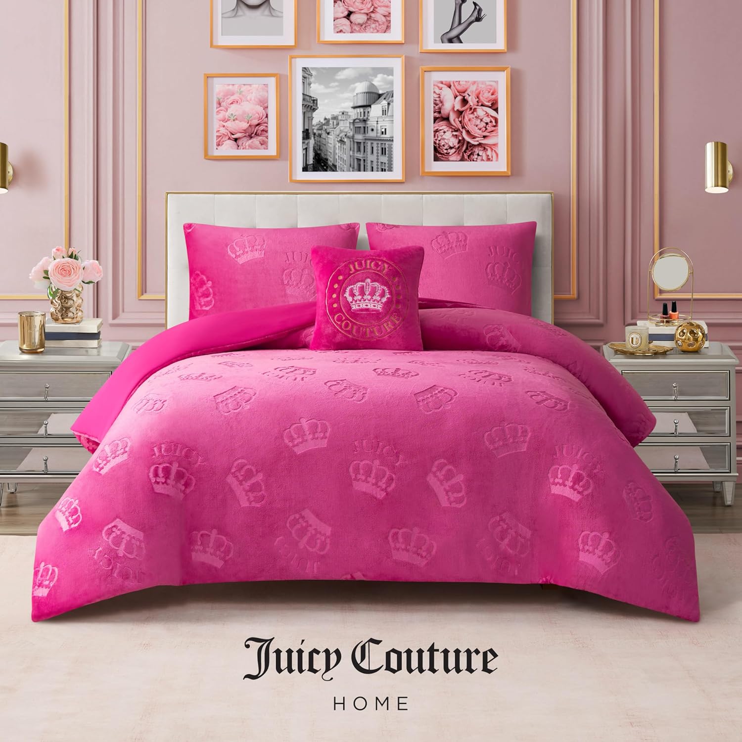 Juicy Couture Plush Reversible Embossed Crown 4-Piece Full/Queen Comforter Set with Decorative Pillow, Hot Pink - Image 2