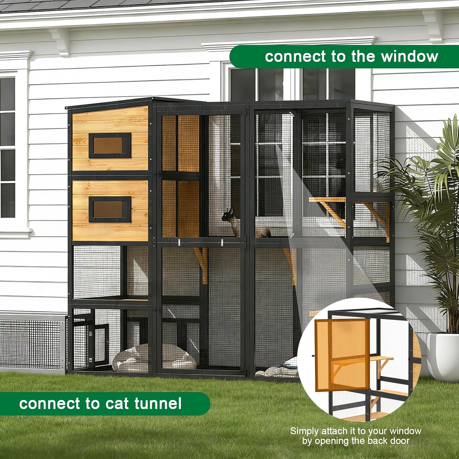 Catio Outdoor Cat Enclosure, Large 4 Tiers Cat Catio Connect to Window for Outdoor Indoor Cats with Weatherproof Roof, Resting Rooms, Platforms, Large Door, 76" L x 32.9" W x 70.8" H, Black