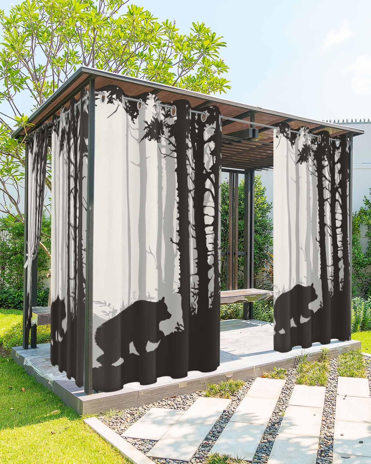 Ukaaqara Outdoor Curtains for Patio Waterproof, Forest Bear Black Animals Silhouette Family Natural Grommet Curtains for Porch Outside Privacy Drape for Gazebo Garden Pergola, 1 Panel, 54x95in