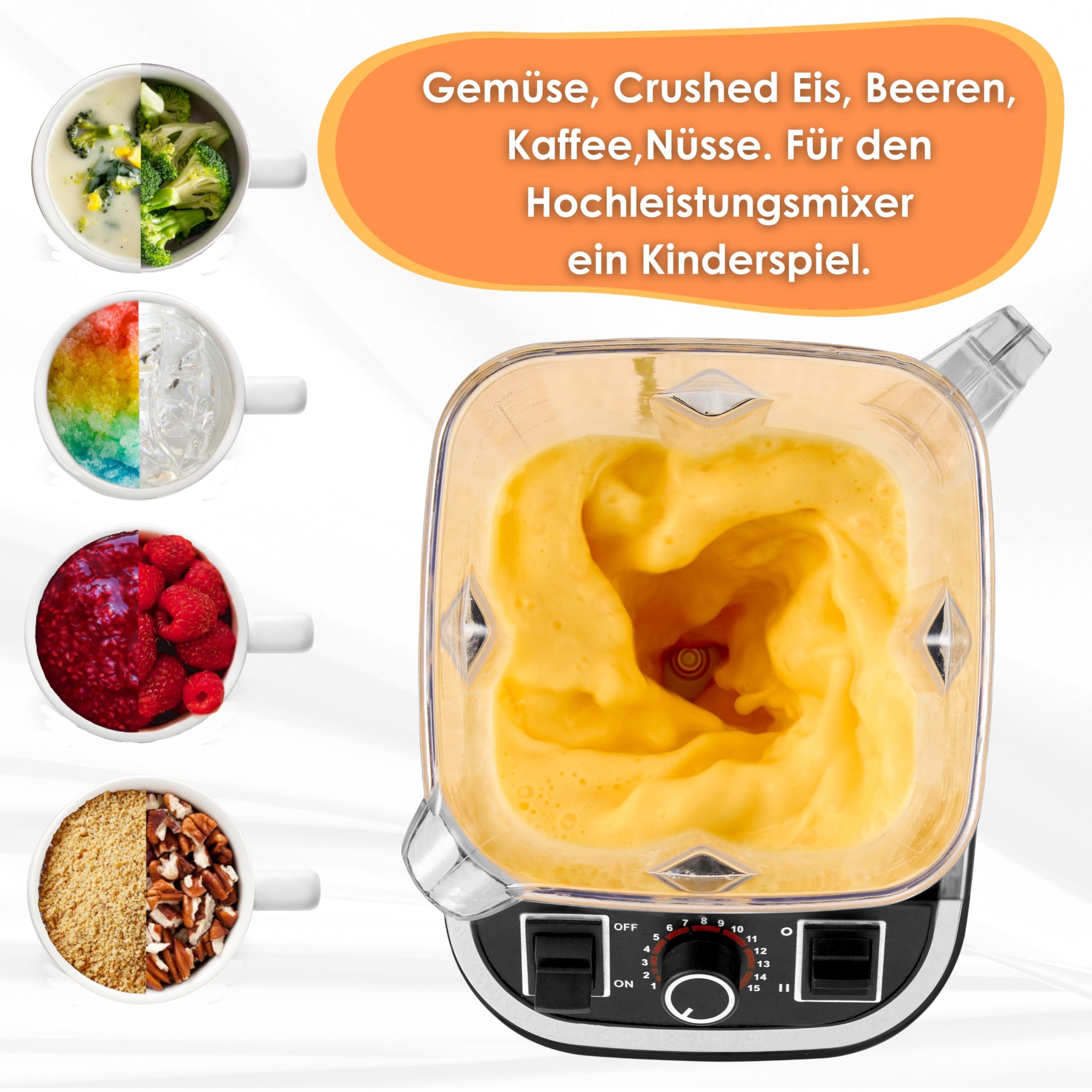 Hochleistungsmixer Professioneller Standmixer 2L BPA Frei Smoothie Maker Gastro Universalmixer Power Profi Mixer Küchenmixer Blender Multifunktionsmixer Multi Zerkleinerer 1.500W 28.000 U/min.