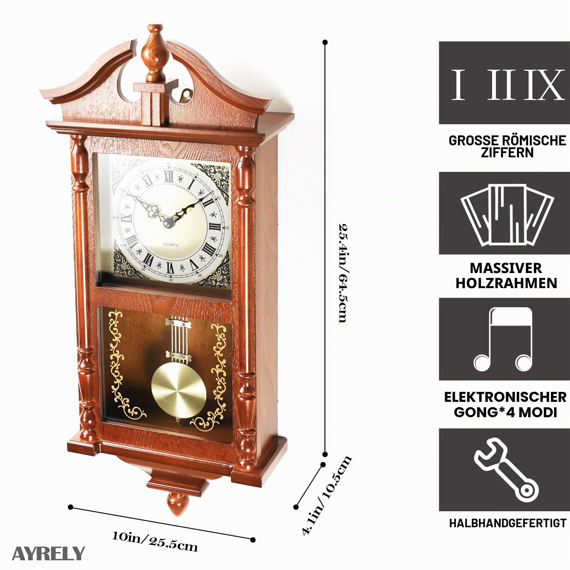 AYRELY® Vintage Standuhr 64,5 cm mit Pendel und Rubberwoodrahmen – Klassische Wanduhr mit Stunden- und Viertelstundenschlag für Wohnzimmer & stilvolles Home-Dekor