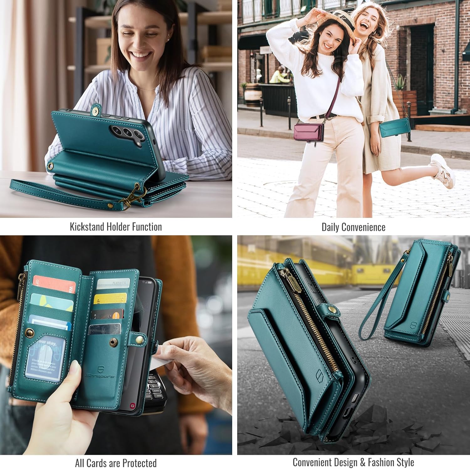 Wallet Case Compatible with Samsung Galaxy S25 Plus RFID Blocking Card Holder Soft PU Leather Magnetic Snap Strap Zipper Pocket Phone Case Fit for Galaxy S25+/ S25 Plus - Blue Green - Image 8