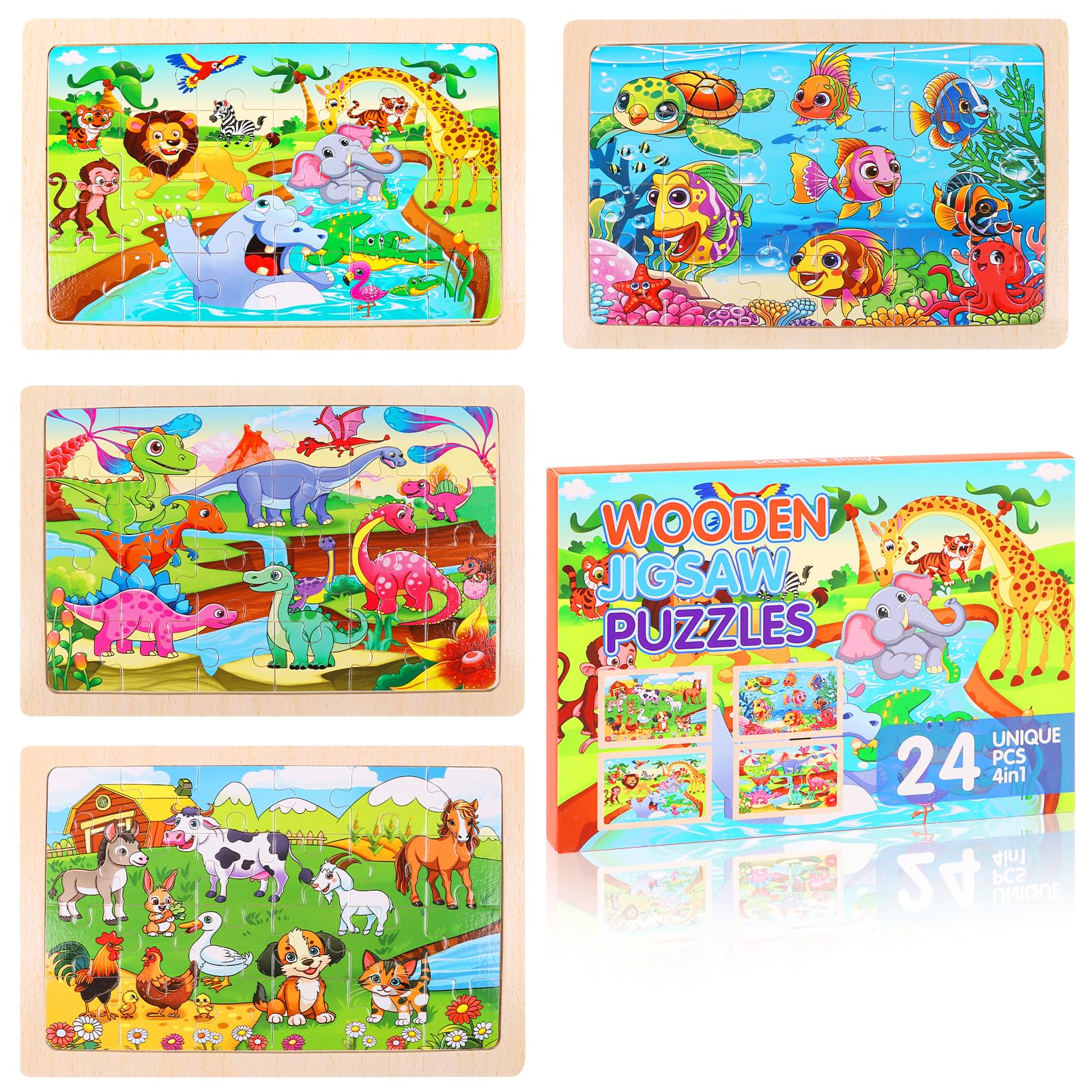 DERAYEE 4 Wooden Jigsaw Puzzles Set, 24 Pieces Animal World Gift Box Jigsaw Puzzle Educational Toys for Kids Age 3 Years Up