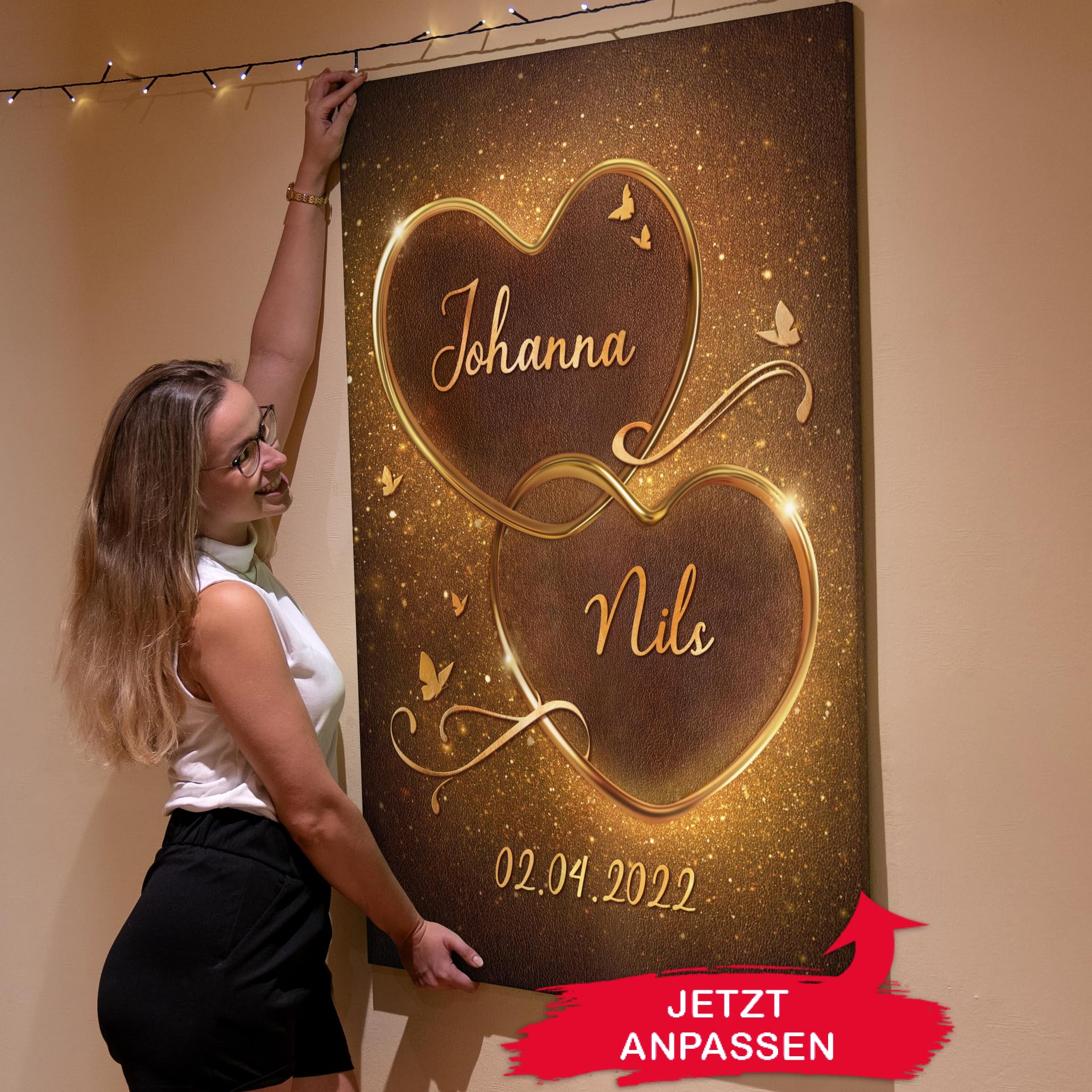 Liebesleinwand Personalisiertes Geschenk für Partner Geschenk Jahrestag, Verlobung, Hochzeitstag | Leinwandbild romantisch gestalten | Goldene Verbundenheit
