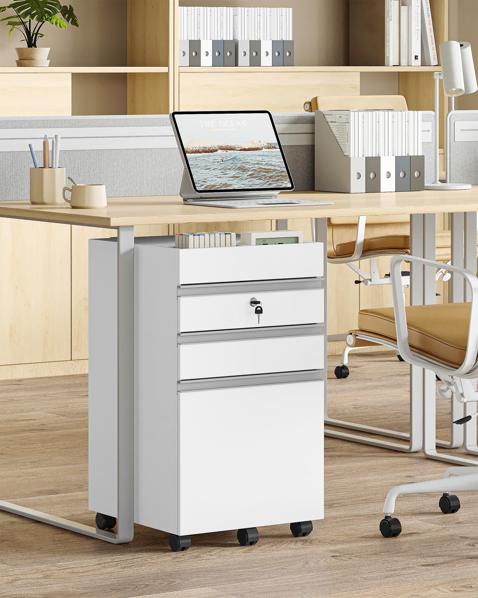 Hzuaneri Rollcontainer, Aktenschrank, abschließbarer Büroschrank mit 3 Schubladen, extra stauraum Oben, Schubladenschrank für DIN A4, Letter, für Büro, Homeoffice, 40 x 40 x 70 cm Weiß FC41003XV1