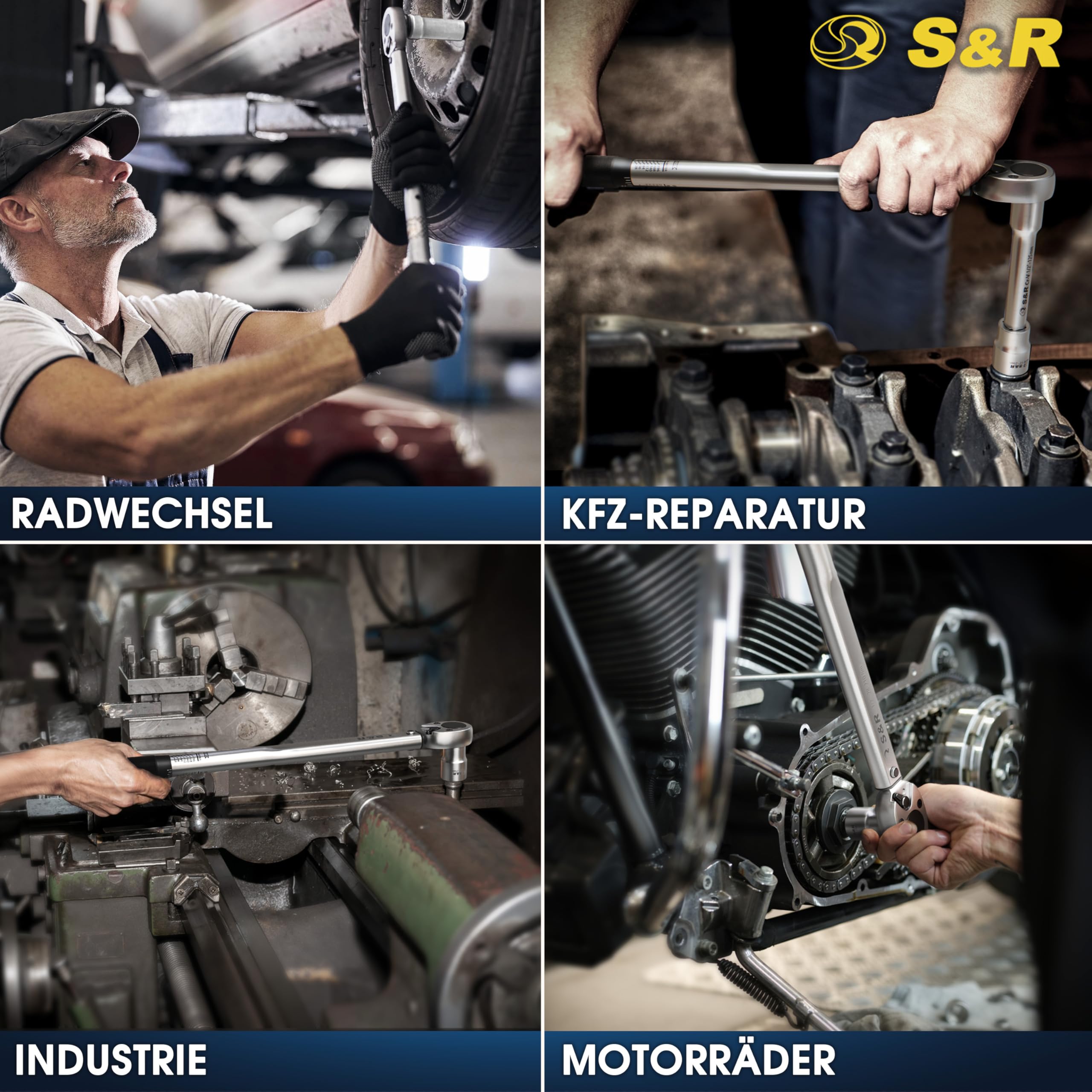 S&R 1/2 Zoll Drehmomentschlüssel Auto Set 28-210 Nm, Drehmomentschlüssel Motorrad 475 mm, Verlängerung 125 mm, 3 Stecknüsse 17, 19, 21 mm; Kfz Reifenschlüssel TÜV geprüft GS bruchfest Nüsse