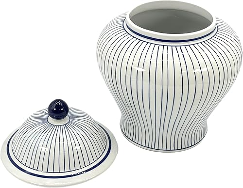 Miniatura 5 de Galt International Tarro de jengibre de porcelana de cerámica a rayas azules y blancas con tapa Temple Jar Decoración del hogar y la cocina para