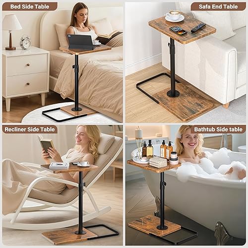 Miniatura 6 de Mesa auxiliar de mesa C de altura ajustable, mesa giratoria de 360, base de metal y madera mejorada para evitar resbalones, mesa con reposabrazos