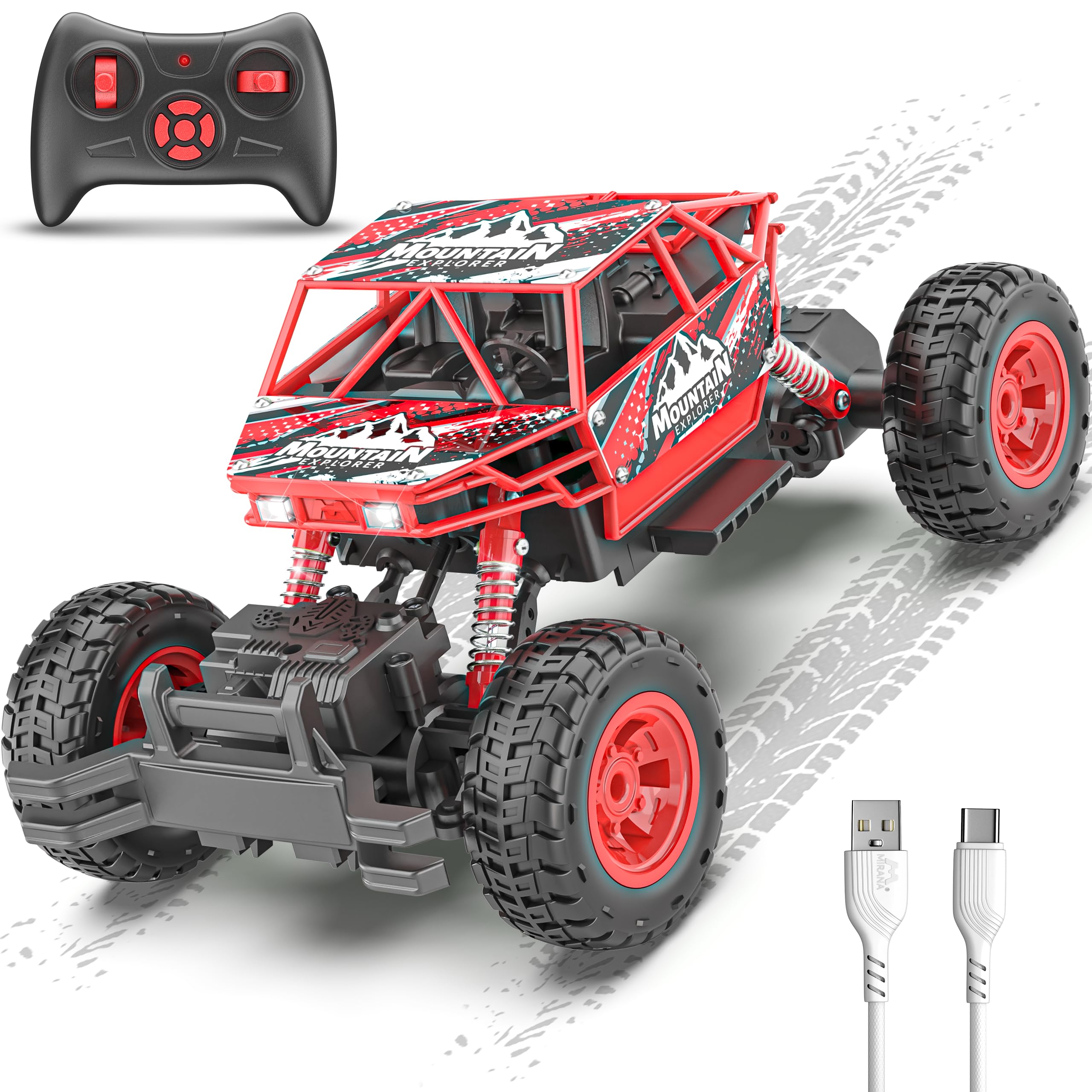 Mirana Duster 4WD 4x4 RC Car | High Speed ATV Remote Control Rock Crawler | C-Type USB Rechargeable Offroad Monster Truck | Spring Suspensions | Fun Outdoor Toy for Kids (4 Wheel Drive, Red)