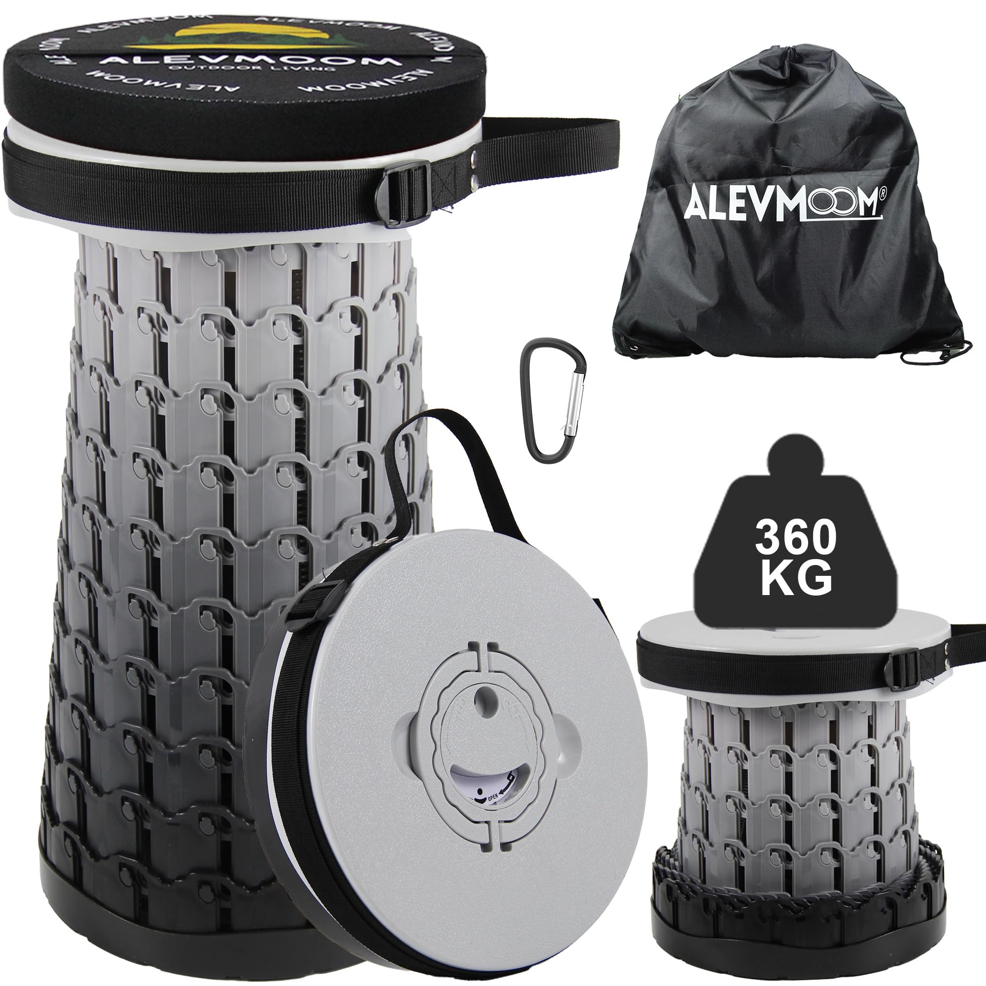 ALEVMOOM Sgabello telescopico portatile aggiornato, Sgabello pieghevole regolabile con cuscino spesso, Sgabello pieghevole portatile per campeggio all'aperto, giardino360 kg