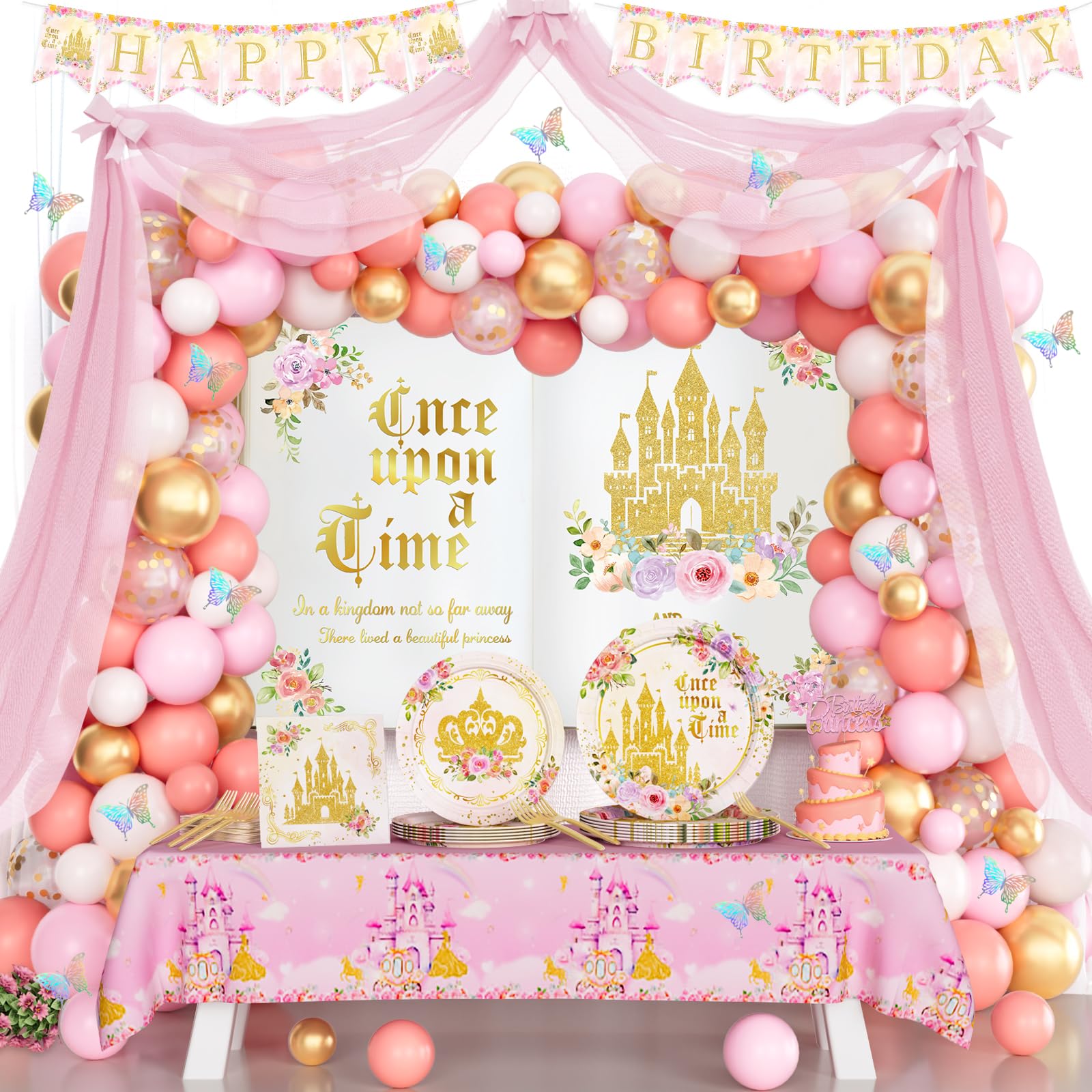 Hombae Prince Birthday Party Decorations, Birthday Decorations for Girls, Once Upon a Time Party Supplies, Pink Fairytale Theme Backdrop Balloon