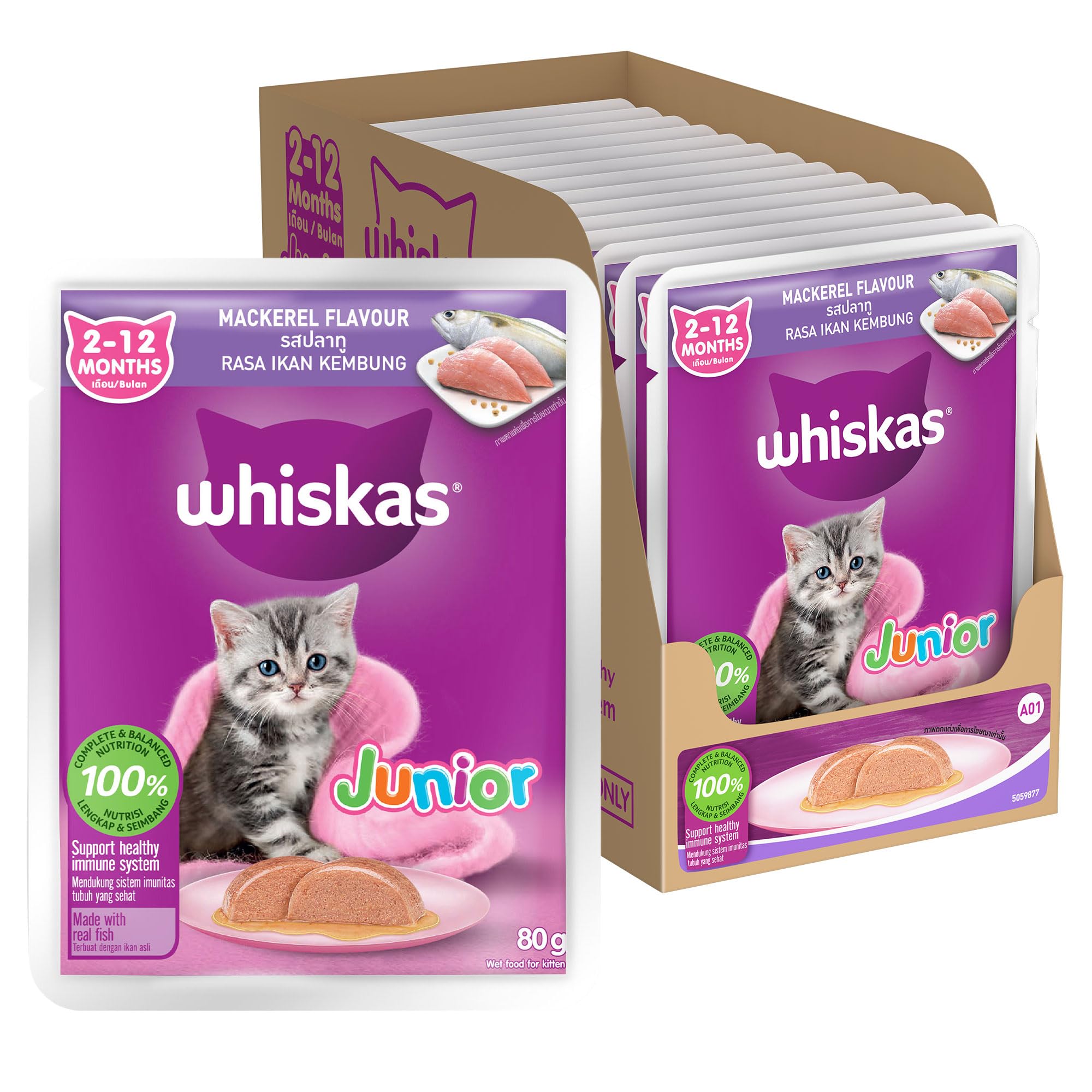 Junior Kitten (2-12 Months) Wet Cat Food, Mackeral Flavour, 80 g x 14, 100% Complete & Balanced Nutrition, Supports Healthy Immune System