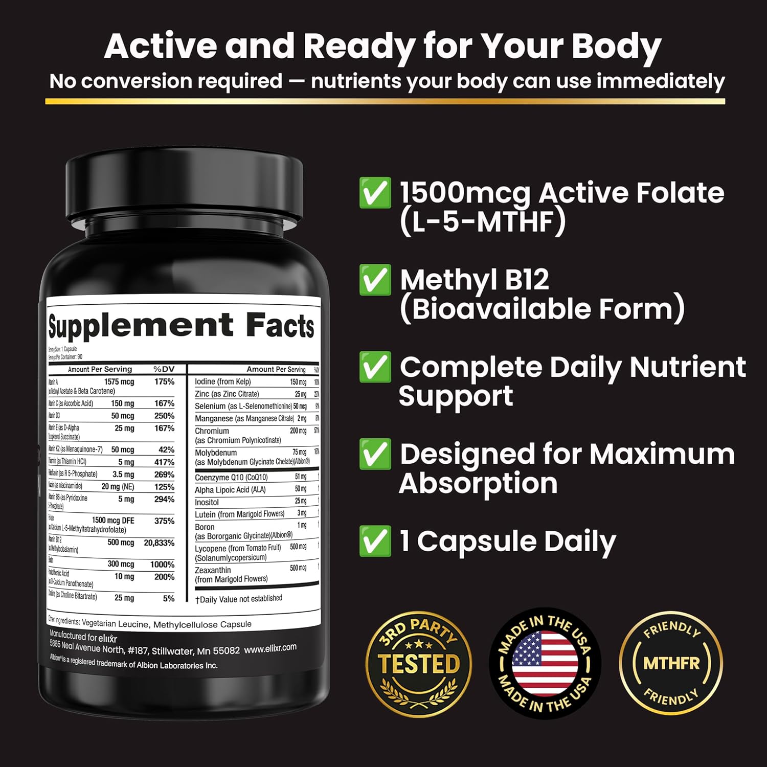 Eliixr Methylated Multivitamin for Energy, Brain & Metabolism – High Absorption Active B Complex with Methyl B12 and 5-MTHF Folate – Daily Vitamin for Men and Women – 90 Day Supply