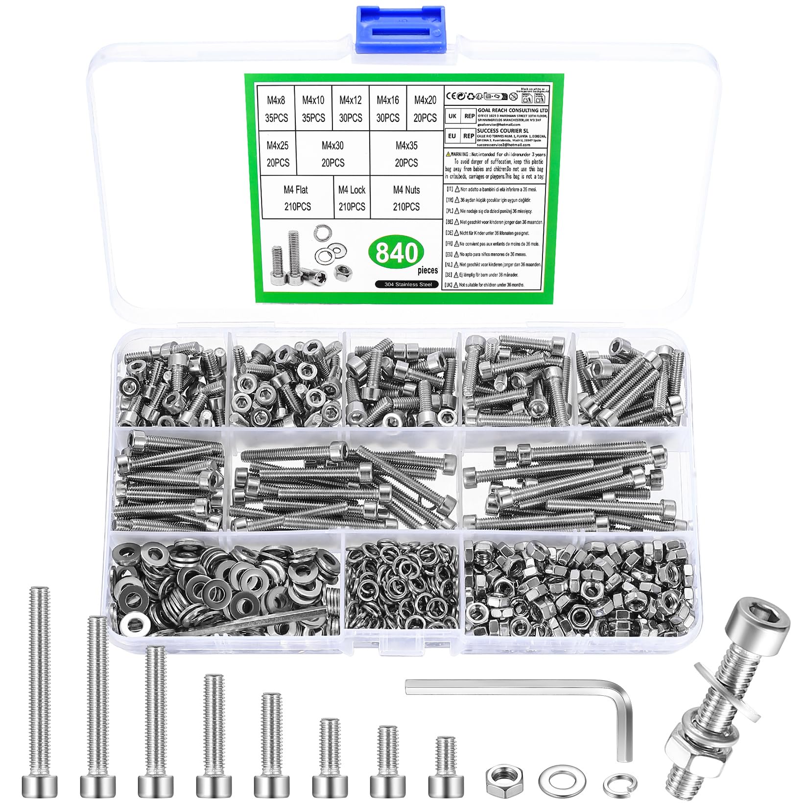 Set Viti E Dadi M4 In Acciaio Inox - 840 Pezzi, Con Testa Cilindrica Esagono Incassato, Per Fai Da Te E Riparazioni