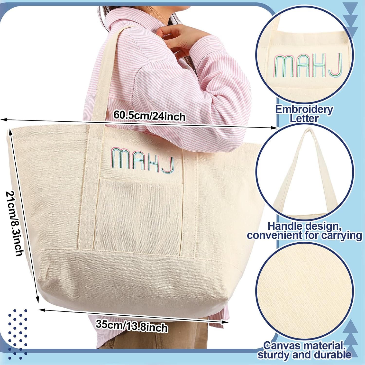 3 Pcs Empty Mahjong Bag Set for American Mahjong Tiles Bag with Zipper Embroidered Canvas PVC Nylon Pouch Anti-Slip Board Game Table Mat for Women Lover Gift Accessory(Blue)