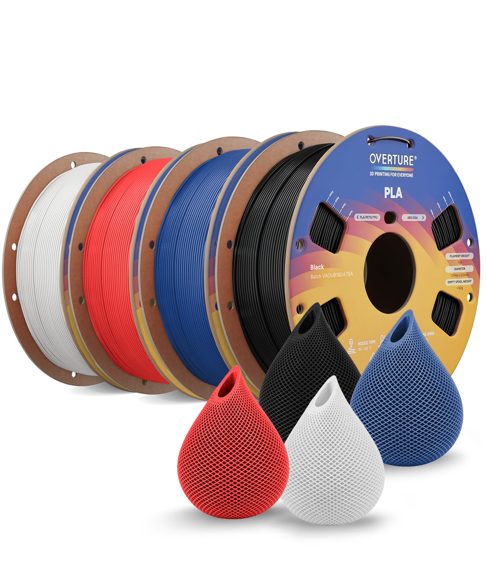 OVERTURE PLA filament do szpuli 1 kg, 1,75 mm, czarny, 1 biały, 1 x czerwony, niebieski, 1 x 4 kg, 1 x 4 kg