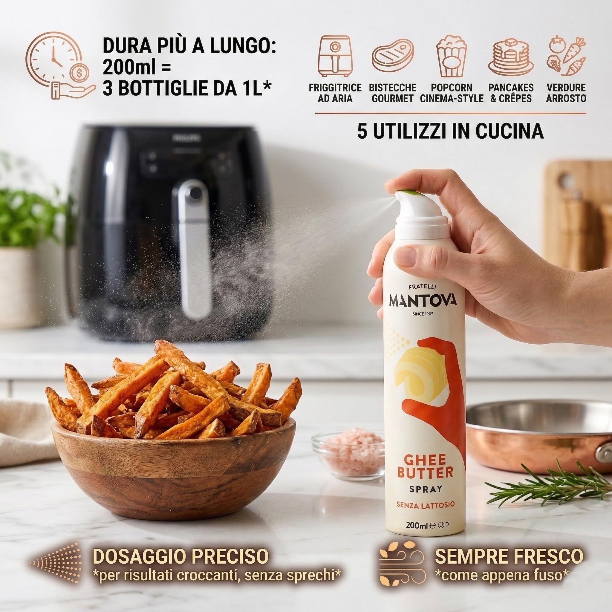 Mantova Ghee Butter Spray Family Pack 6x200 ml – 100% Naturale, Leggero e Facile – Risparmio fino al 90% – Spray e Nebulizzatore, per Cucina, Forno, Padella – Idea Regalo