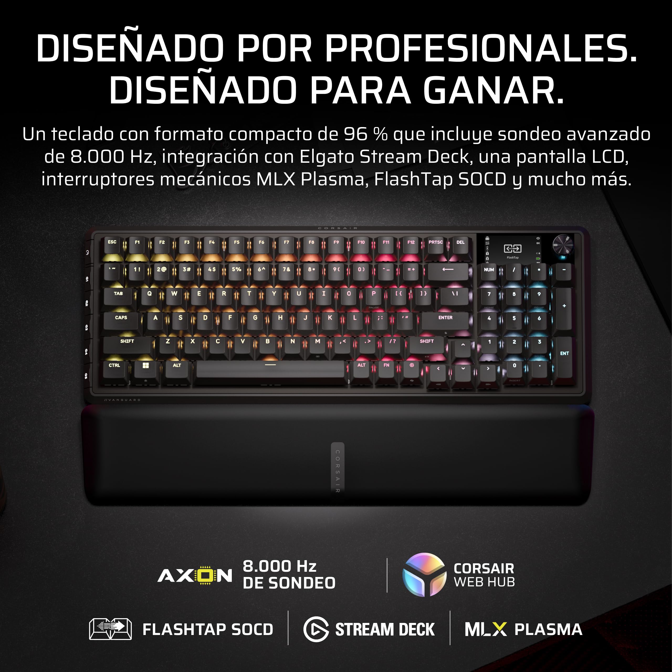 Corsair Vanguard 96 Wireless Mecánico RGB Teclado Gaming – Negro | QWERTY Español, Formato 96%, Switches MLX Hot-Swap, Hyper-Polling 8000Hz, Integración Stream Deck, FlashTap SOCD
