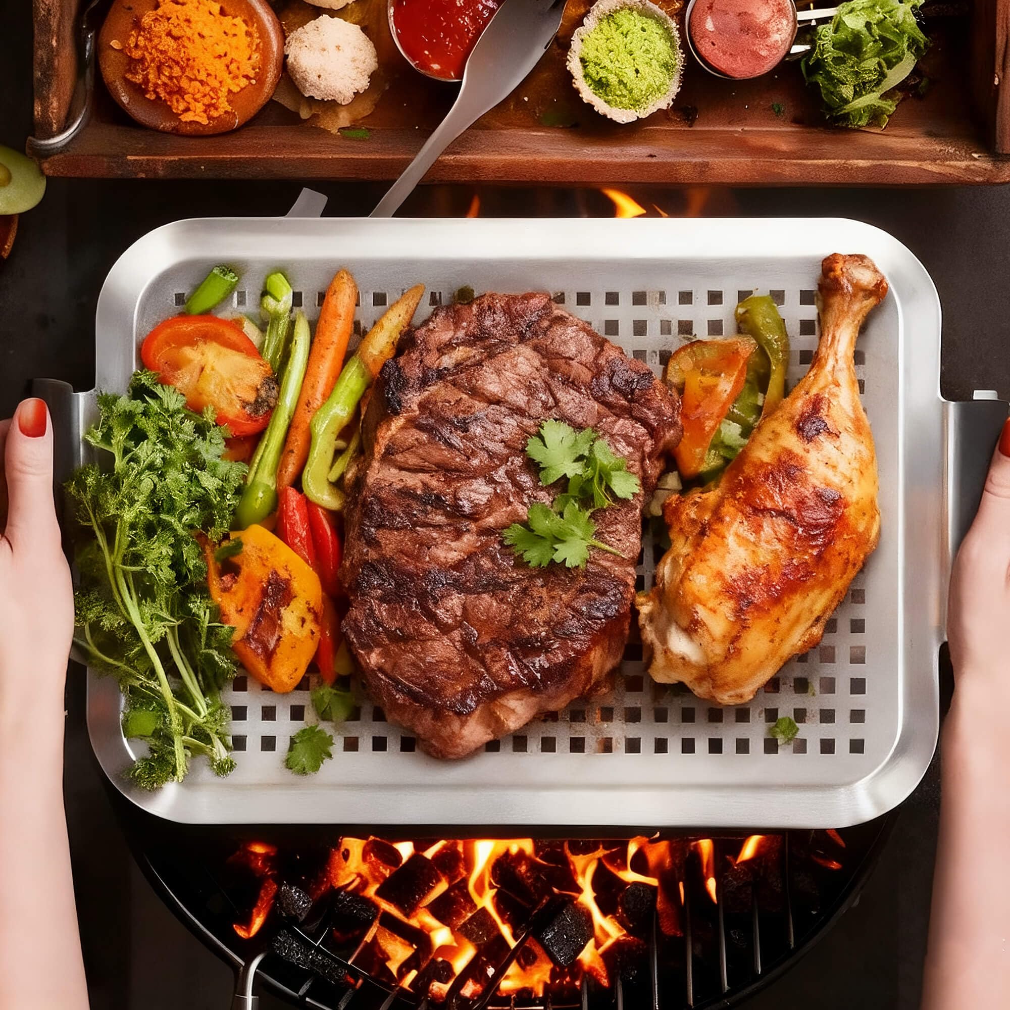 Grillpfanne 4er Set, Grill Topper für Outdoor Grill, Edelstahl Bratkorb mit Griffen, Perforierte Grillschale für Smoker Braten, Ofen, BBQ Zubehör (4 klein)