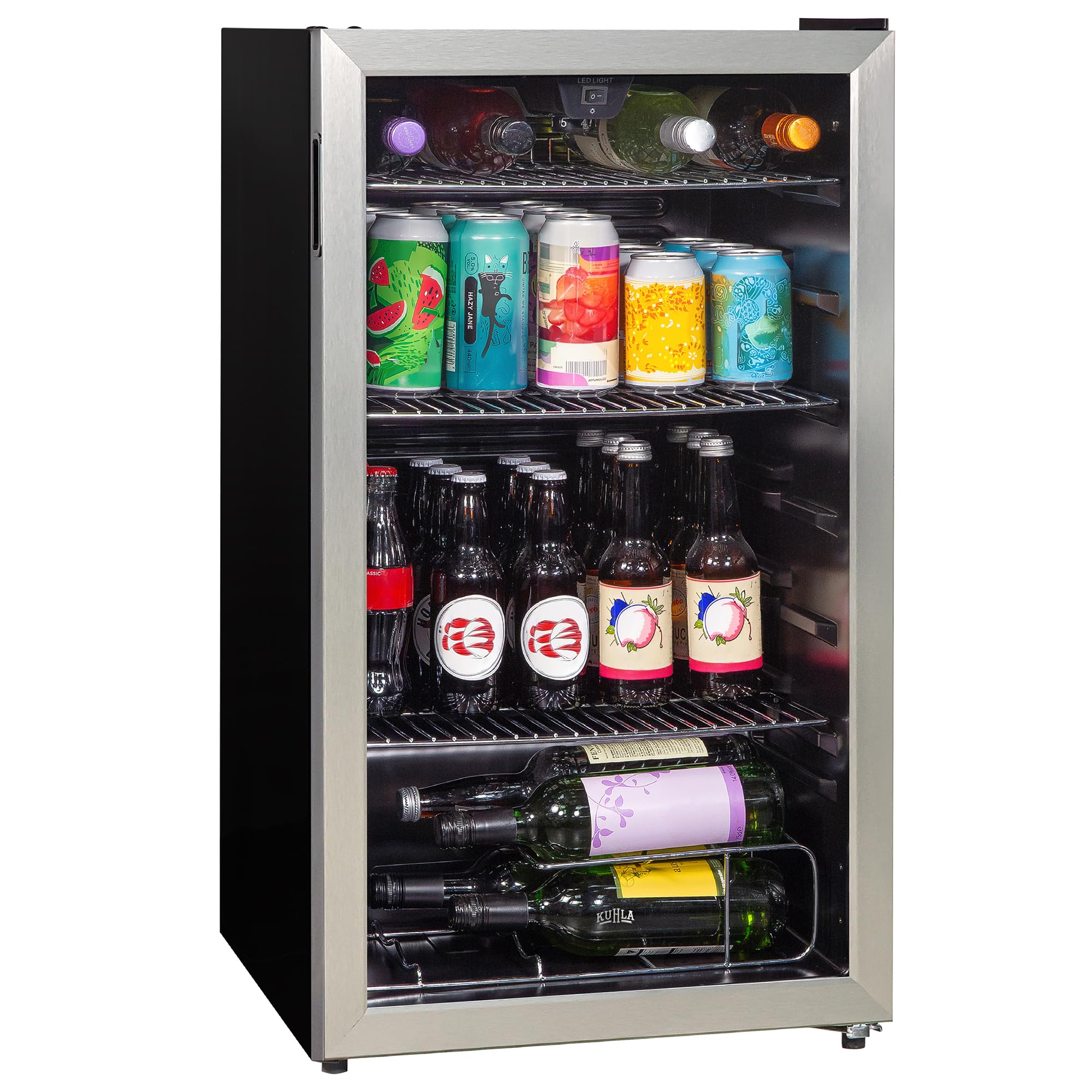 Kuhla Mini Fridge 93 Litre Undercounter Freestanding Beverage/Drinks Wine Fridge for Beer Stainless Steel, LED Light, Drinks & Snacks Glass Door, 3 Adjustable Shelves, Energy Efficient, K48BC101SS — view 7
