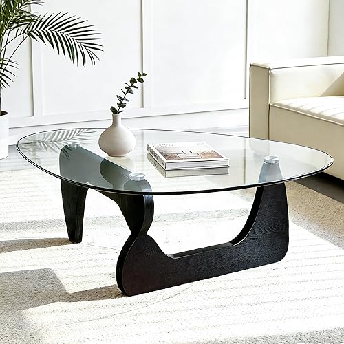 Miniatura 9 de Mesa de centro para sala de estar, pequeña mesa de centro con parte superior de vidrio templado triangular y patas de madera, mesas de centro de