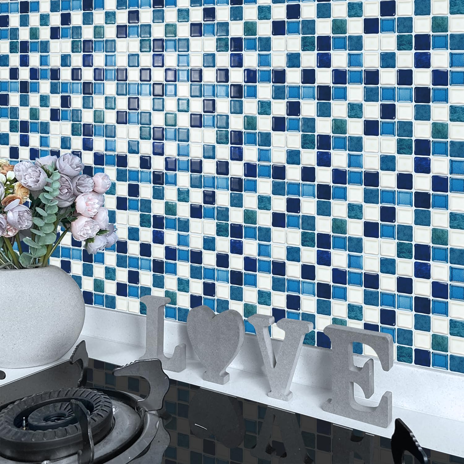 Alwayspon 15x15cmx10Pcs 3D Mosaic Self Adhesive Wall Tile Sticker Transfers, Peel and Stick Adhesive Waterproof Splashback Stick on Tile Decals for Kitchen Bathroom Wall, Gradient White Blue
