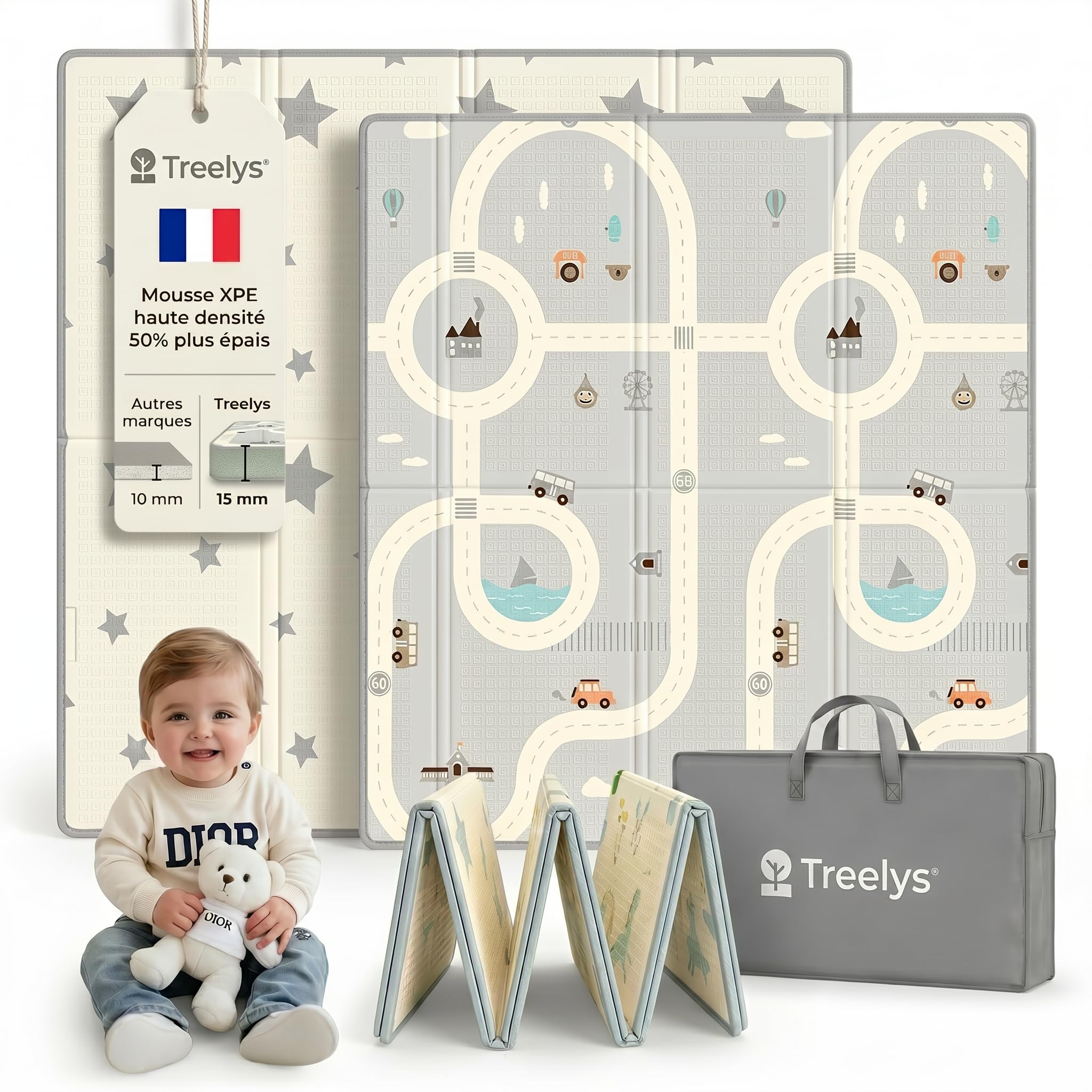 Tapis d'Éveil et de Jeux Bébé Treelys Urban Railway | Tapis Pliable Réversible 150x200 cm Circuit Routier | Tapis de Motricité Bébé XPE 15mm Certifié EN71 | Tapis Enfant Cadeau Naissance 0-3 Ans