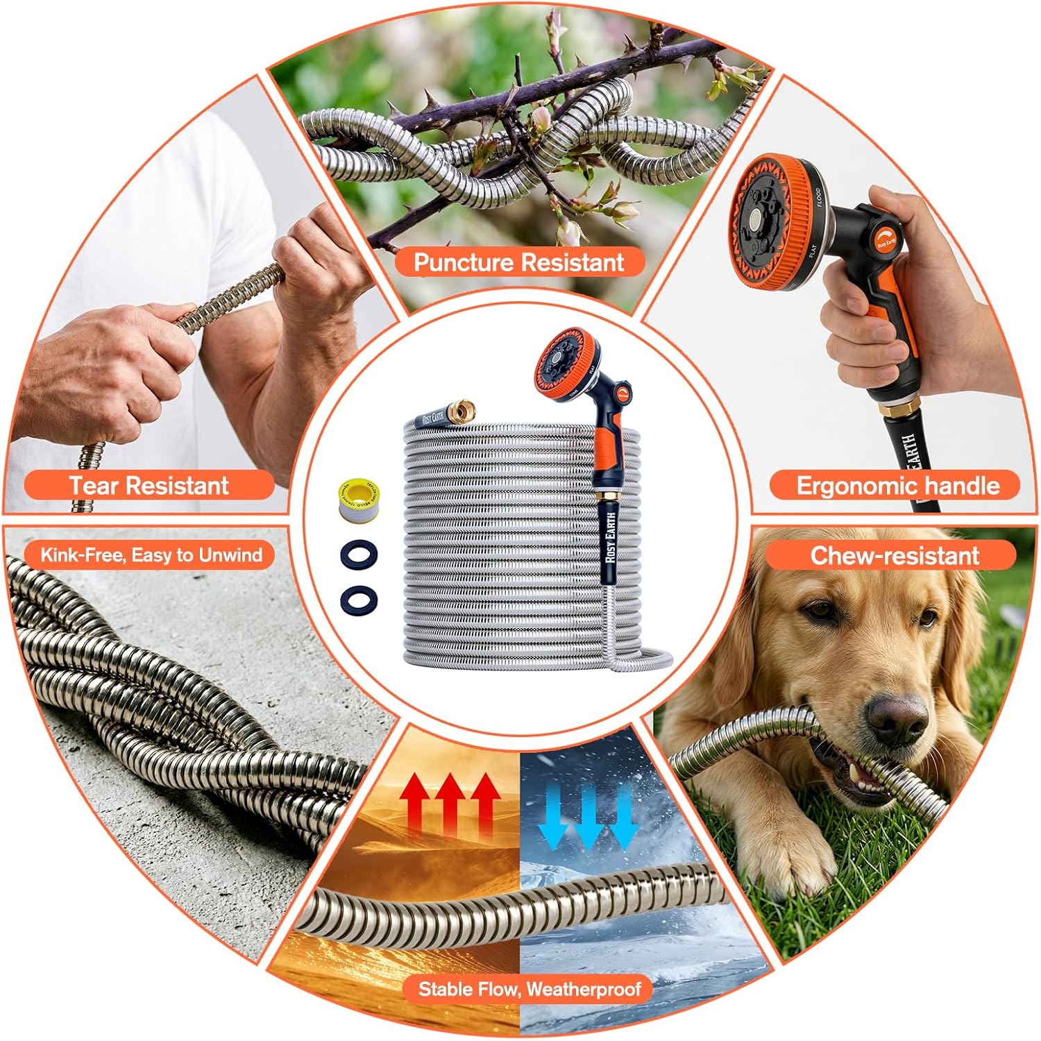 75ft Stainless Steel Garden Hose, Heavy Duty Metal Water Hose with 8 Functional Ultra-Wide Nozzle, No-Kink Outdoor Hoses Flexible Tough Water Hose Sprayer for Yard, RV