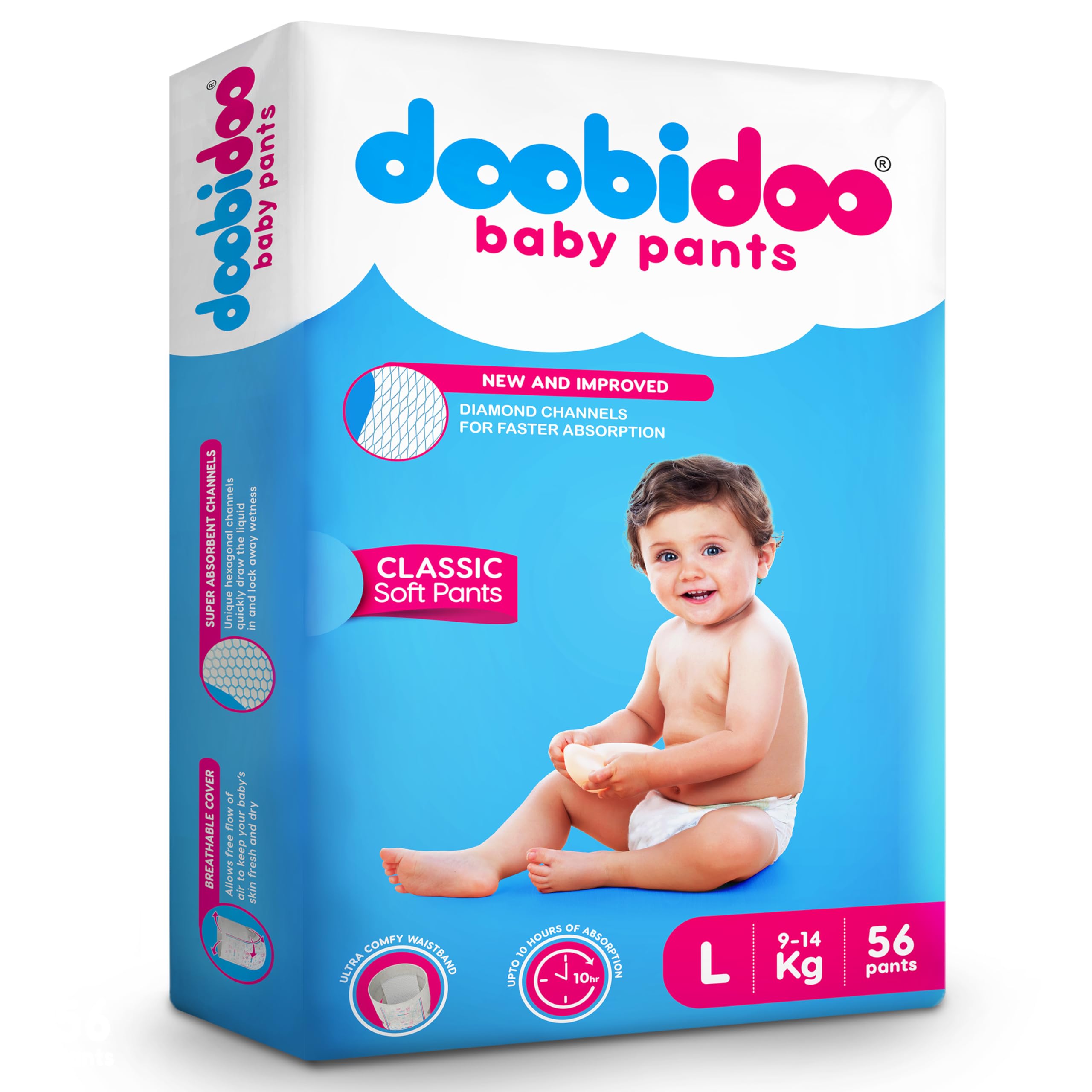 Doobidoo Classic Baby Diaper Pants - L Size | High Absorbency with Cottony Bubble Soft Topsheet, Anti-Leak Side Cuffs & Rash-Free Comfort | Gentle Protection (9–14 kg) - Pack of 1 | 56 Count-image-39