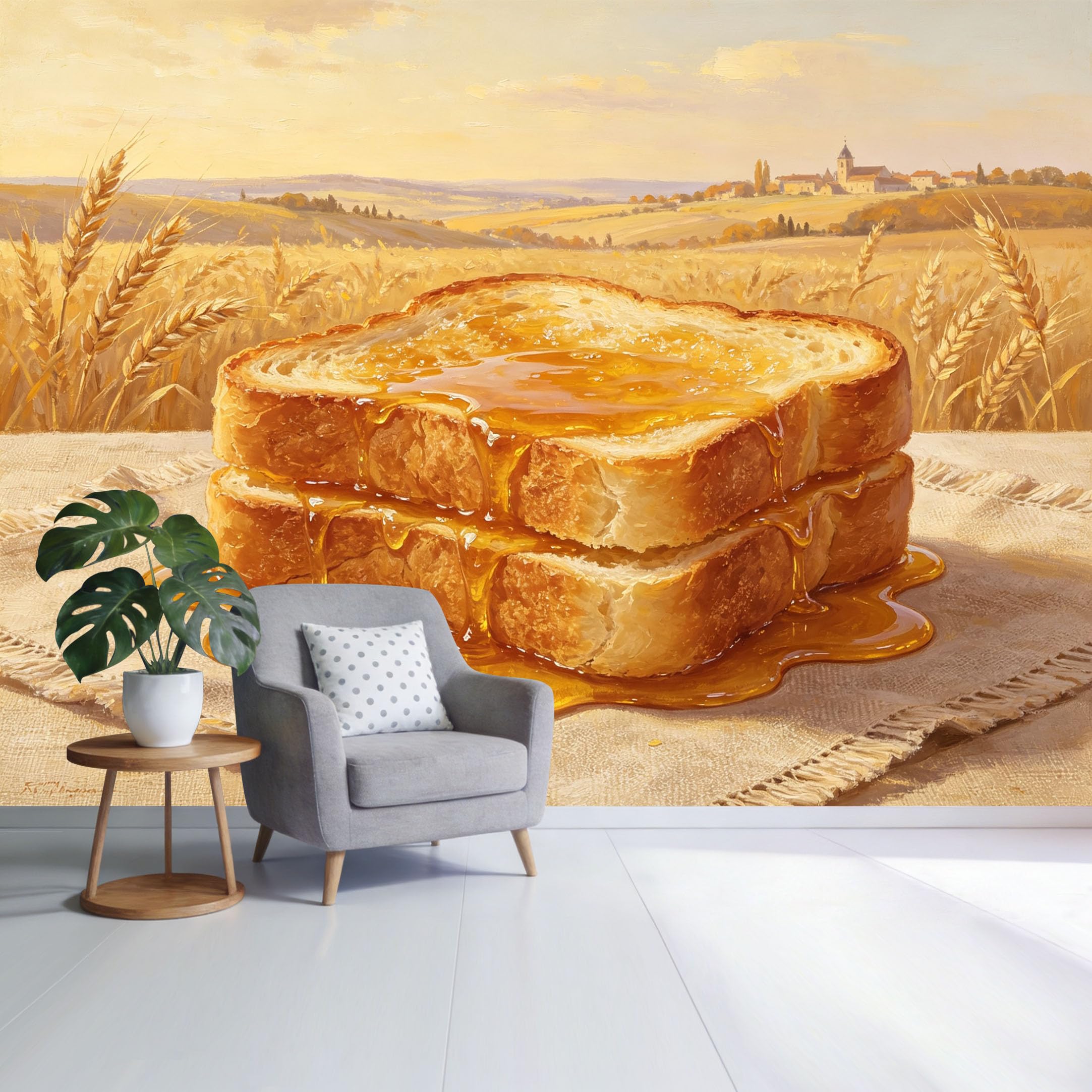 Custom Size Wall Mural Golden Honey Toast Bread Still Life Wheat Field Landscape Oil Painting Style SelfAdhesive Wall Fabric Removable Wallpaper for Home Office Decor