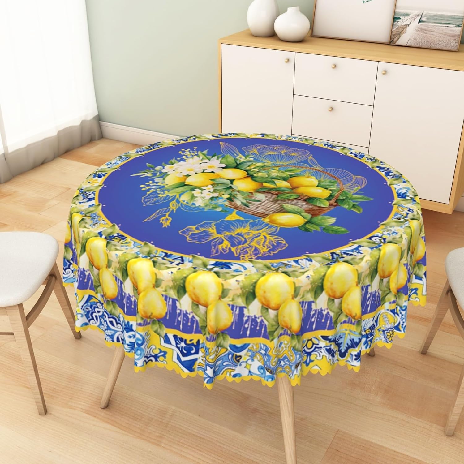 Blue and Yellow Lemon Round Tablecloth 70 Inch Italian Lemon Flower Summer Table Cloth Waterproof and Stain Resistant Fabric Table Cover for Kitchen Dining Picnic Indoor Outdoor Party Decor