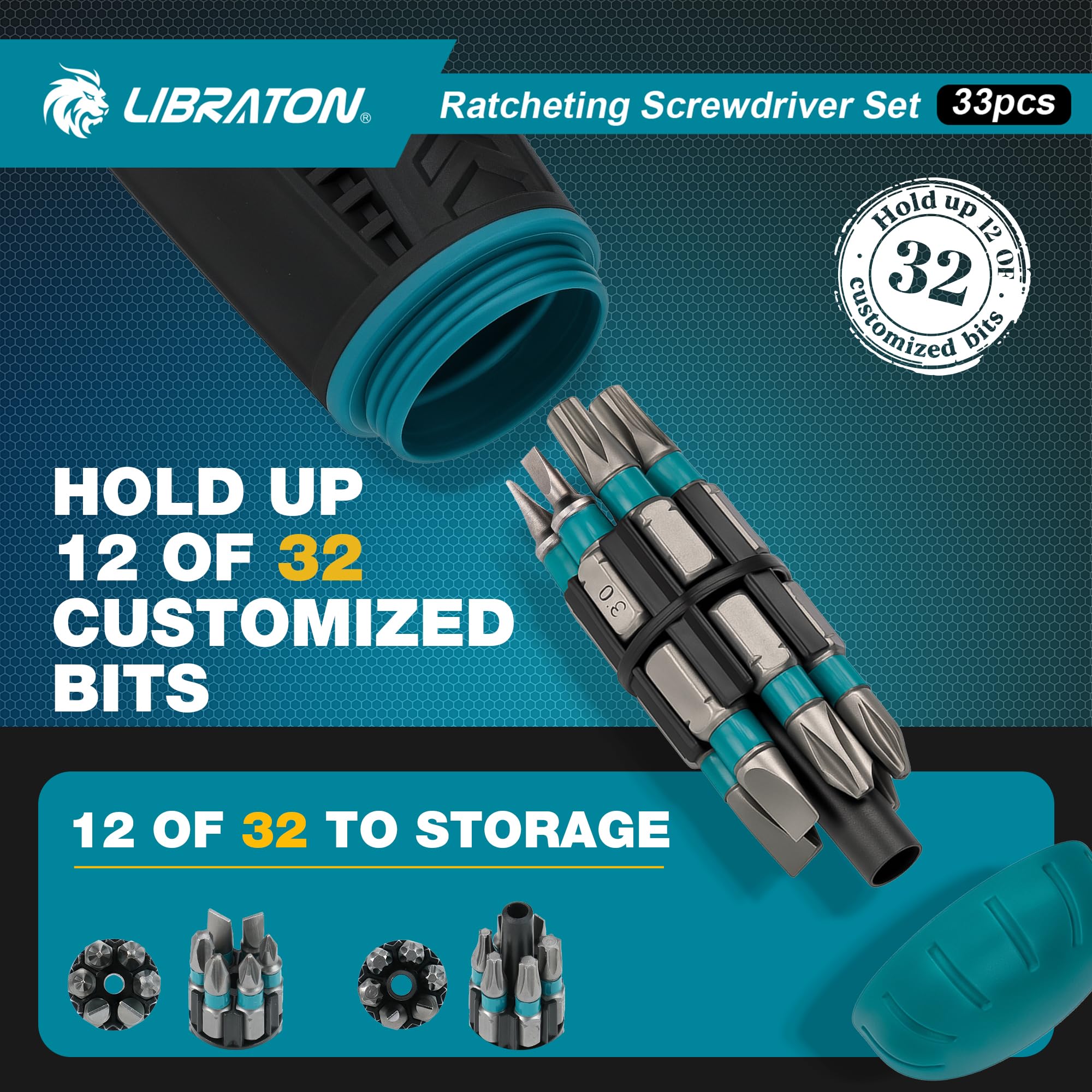LIBRATON Tournevis Multi-embouts à Cliquet Magnétique 33-en-1, Embout Fendu/Cruciforme/Pozi/Torx/Hexagonal/Carré, Poignée Ergonomique pour Maison, Automobile & Bricolage