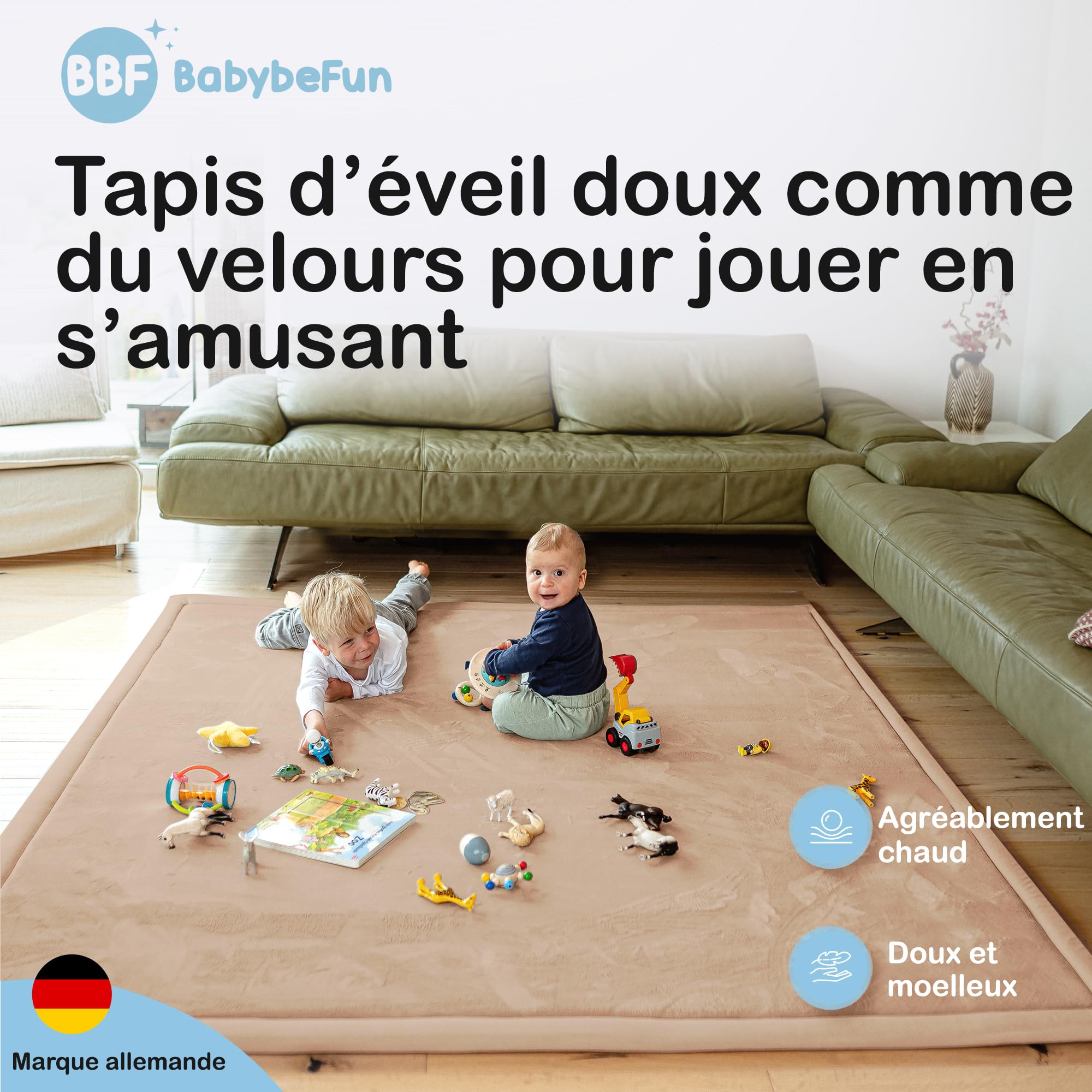 BabybeFun Tapis d'éveil bébé [Extra Doux] 3cm d'épaisseur Tapis Enfant pour Jouer et Marcher en sécurité | Tapis Chambre Enfant de Velours Tapis de Sol Mousse Bebe (Beige, 180x200x3cm)