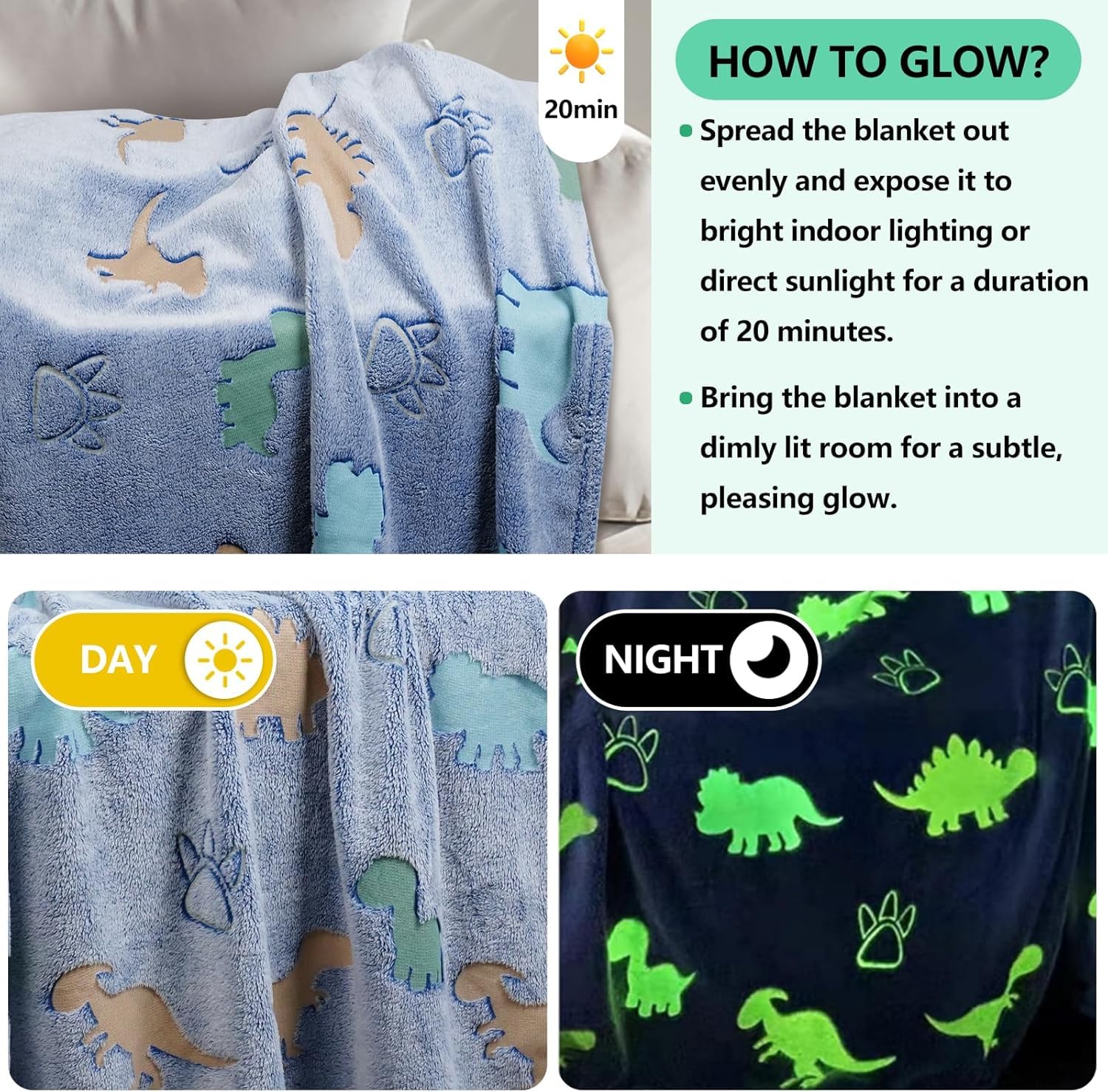 EXILOM Glow in The Dark Blanket for Kids, 200x152 Cm, Unicorns Gifts for Girls, Soft Kids Blankets for Christmas Birthday, Cozy & Warm All-Season Glow Blanket Ideal Gift for Boys & Girls (Blue) 1